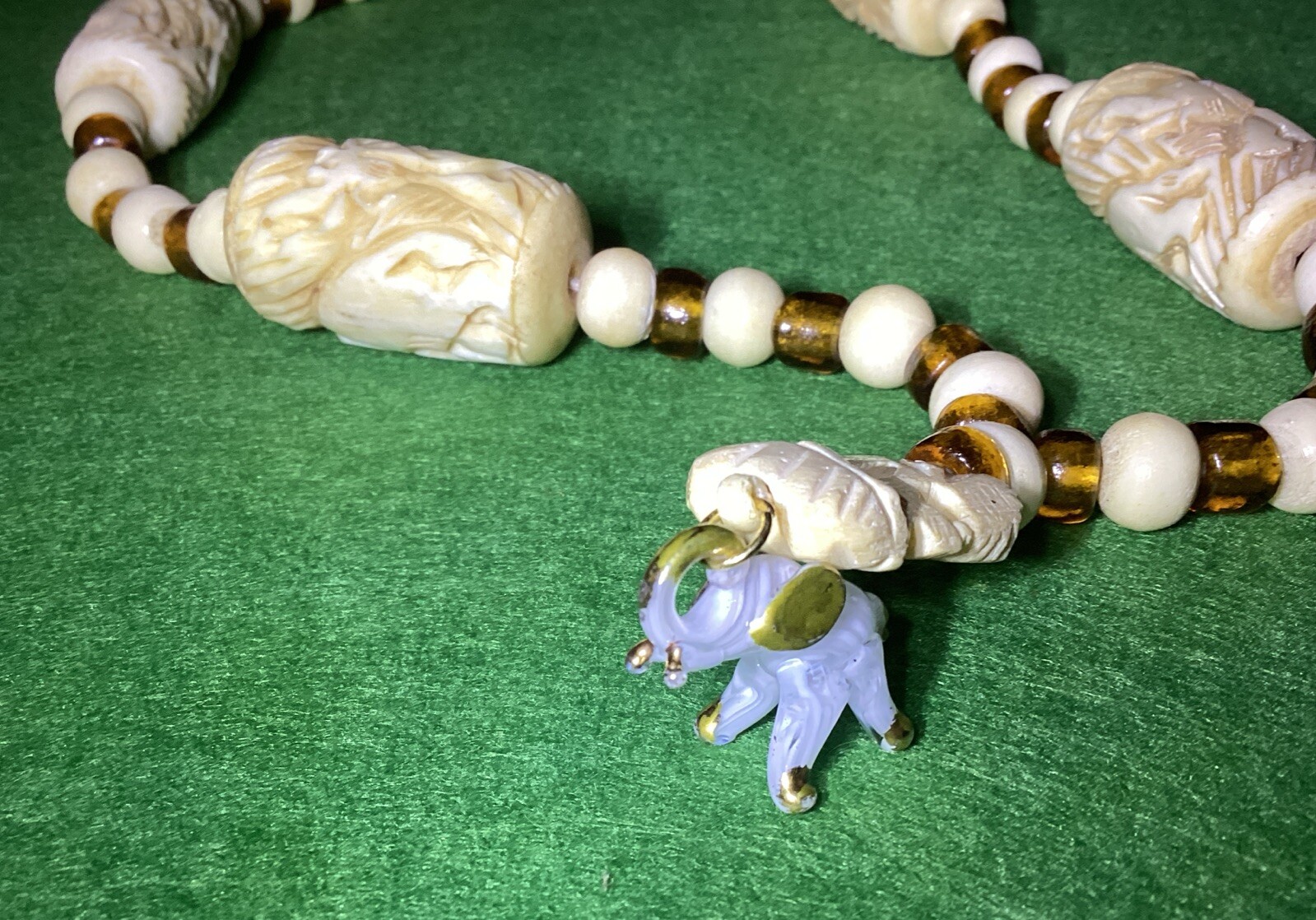 Vintage Elephant Theme Carved Bovine Bone & Amber Glass Beads 27” Necklace