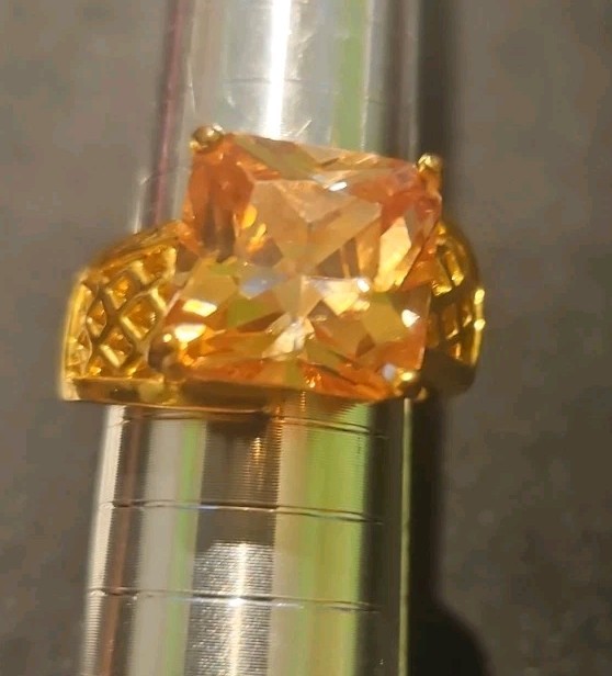 Gold Tone Lattice Statement Ring Amber Orange Citrine CZ Emerald Cut Size 8