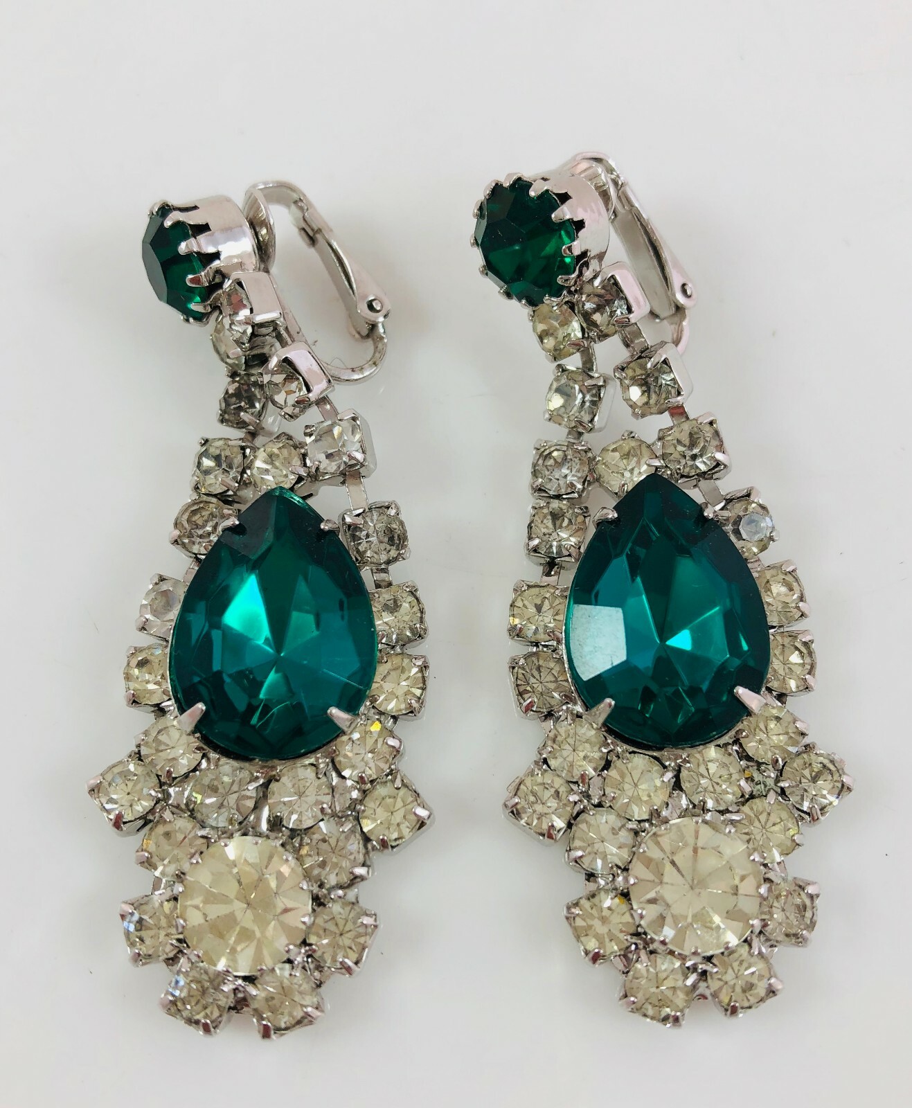 Vintage Sparkly Runway Long Dangle Rhinestone&Dark Green Glass Earrings WOW!