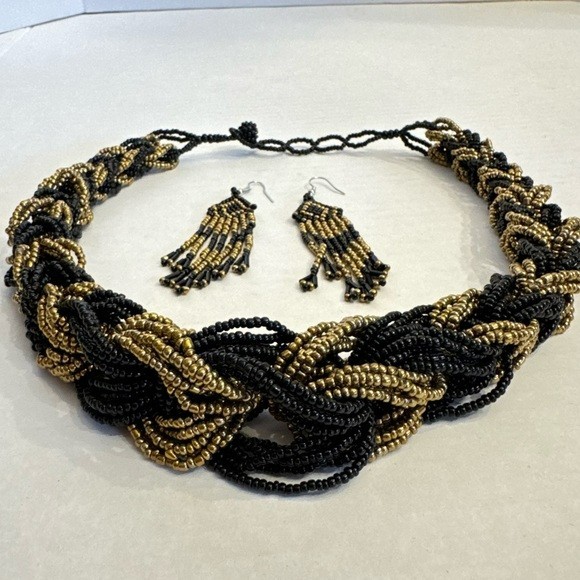 Vintage Multistrand Braided Chunky Beaded Statement Choker Necklace Earring Set