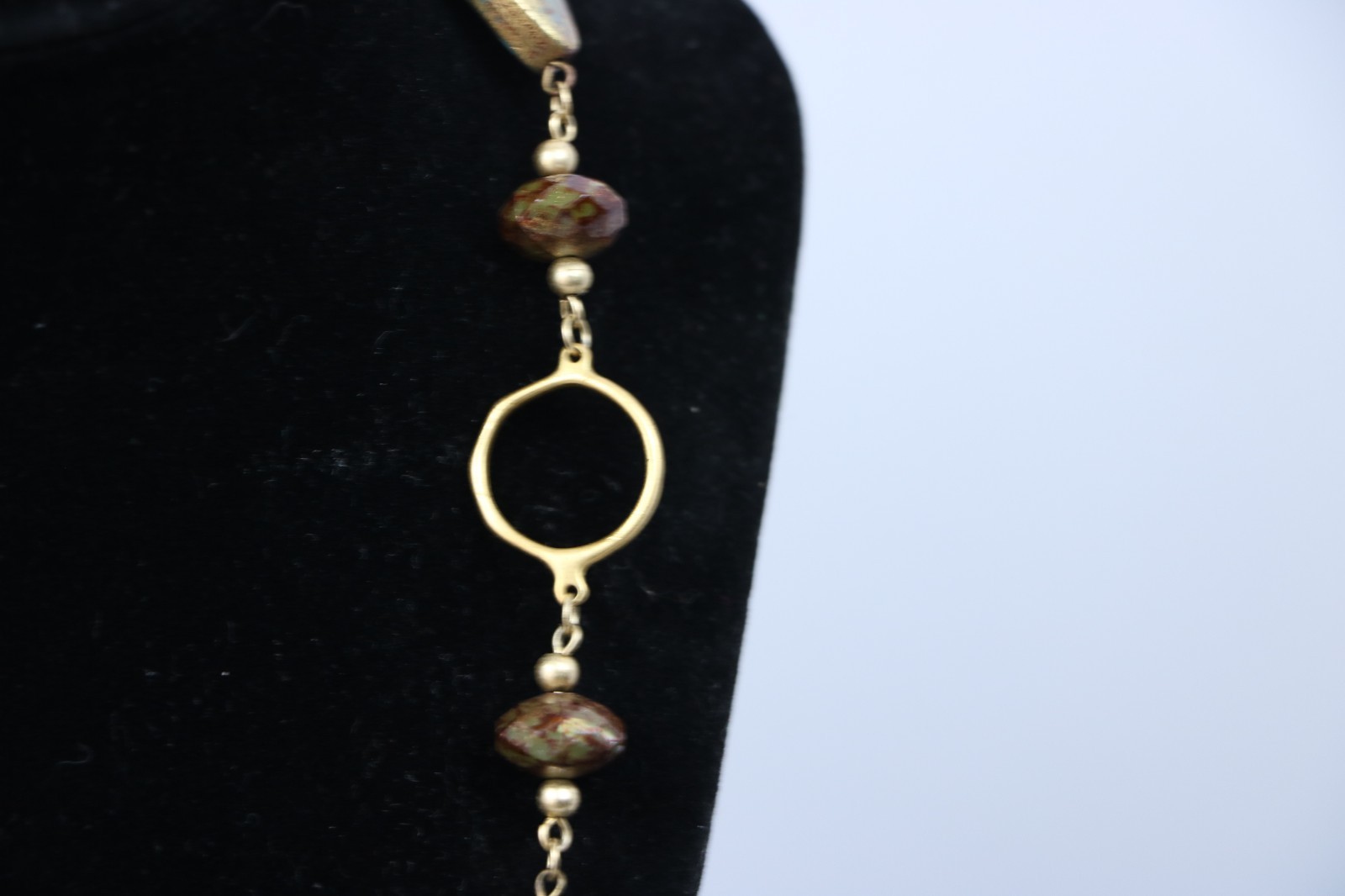 Boho Long Necklace Turquoise & Rust Marquise Beads Gold Tone Station Chain