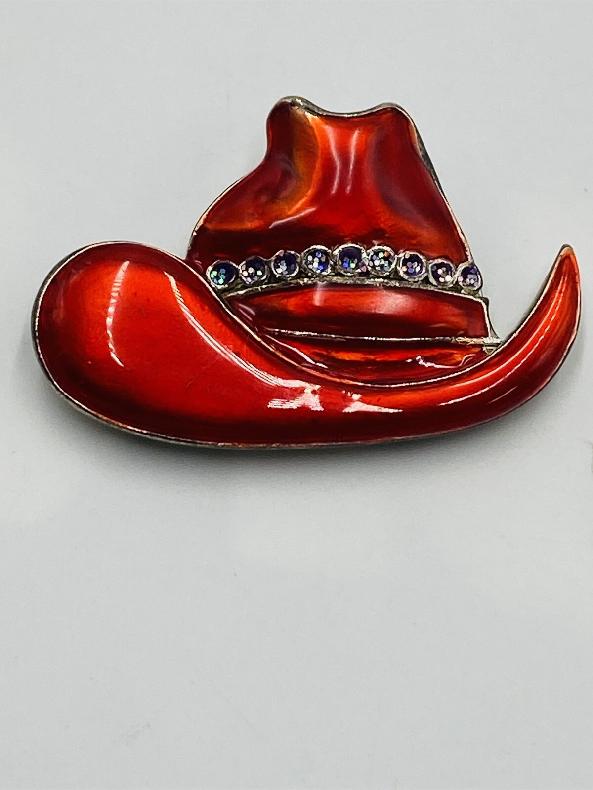 Vintage Red / Purple Glittered Enamel Cowboy Red Hat Society Fashion Brooch J3
