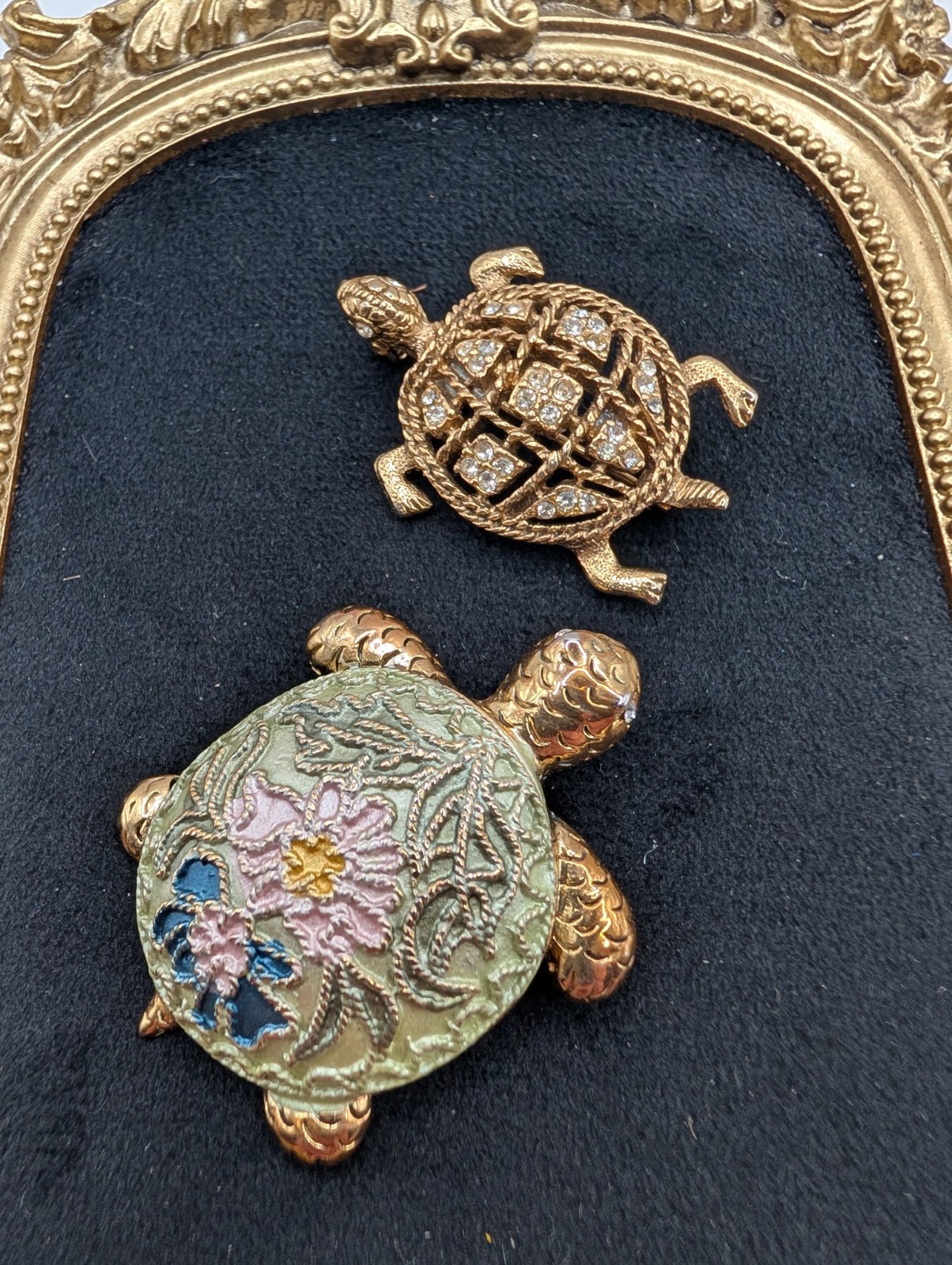 Vintage Turtle Brooches, Cloisonne, Gold Tone Rhinestone Set Of 2