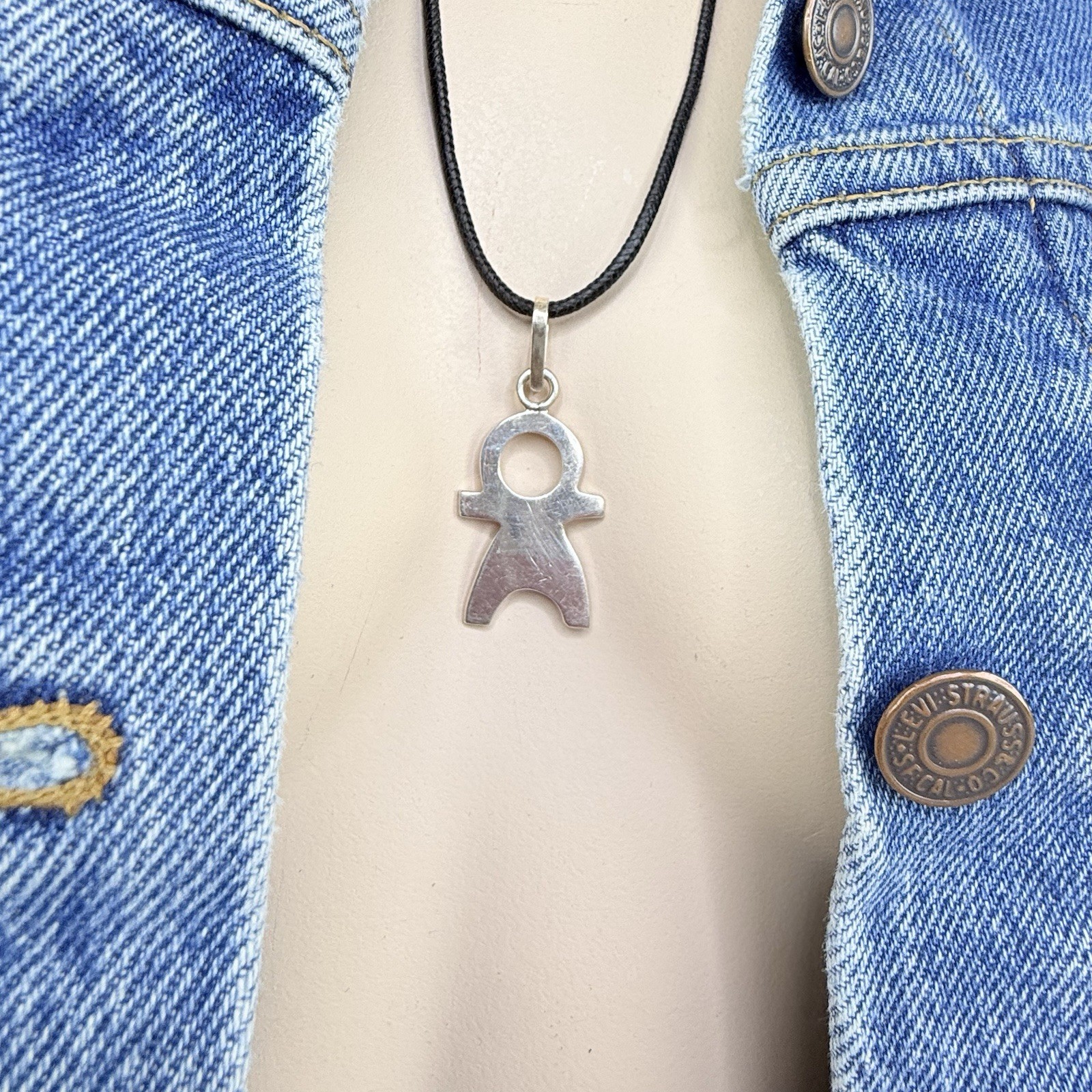 Vintage Sterling Silver 925 Taxco Boy Child Baby Person Pendant Cord Necklace