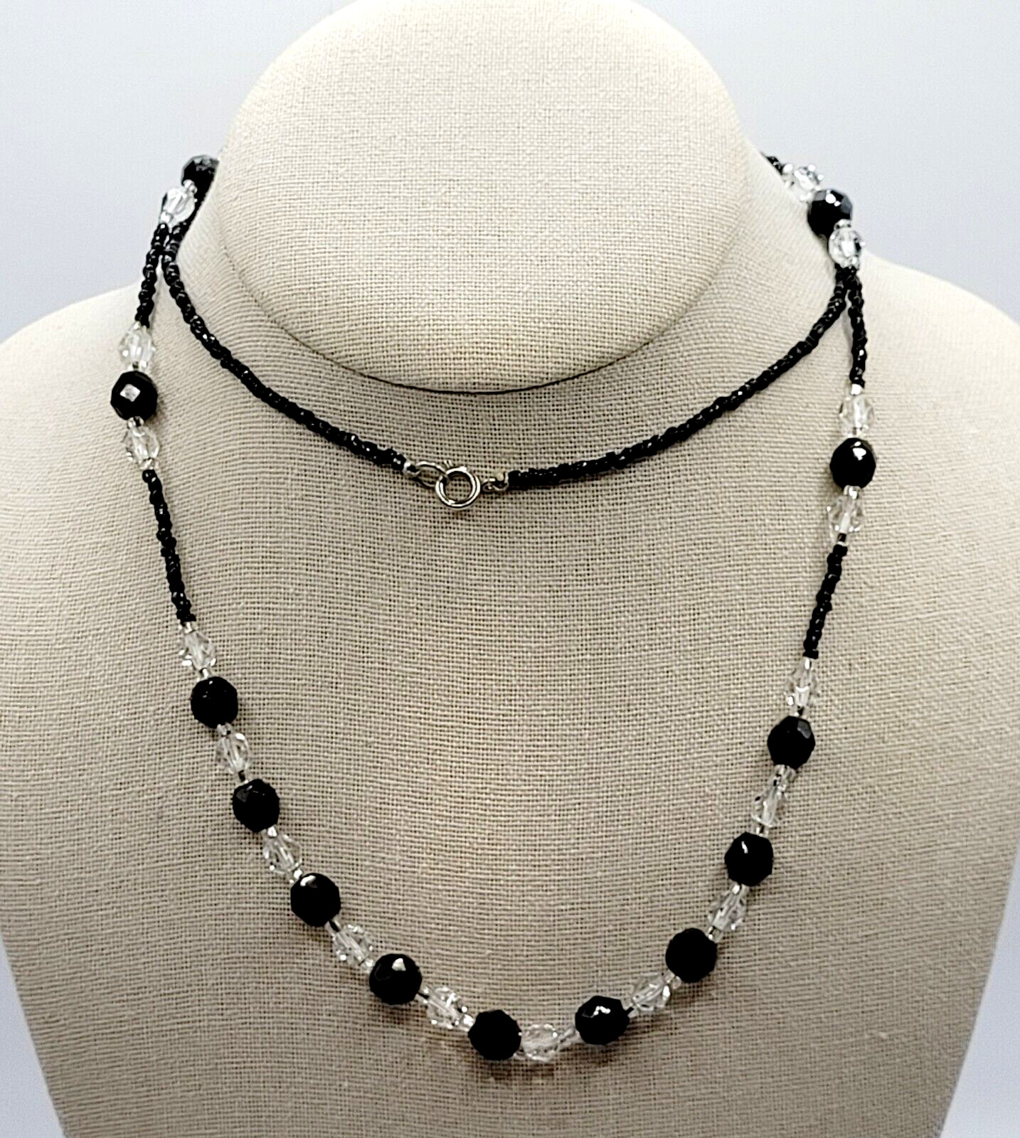 Modern Art Deco Black Clear Cut Crystal Bead Silver Tone Vintage Necklace 31 in