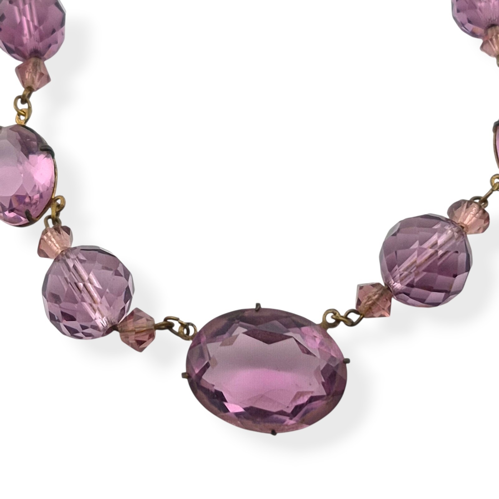 Vintage Art Deco Amethyst Purple Glass Bead Necklace Faceted Prong Set Czech