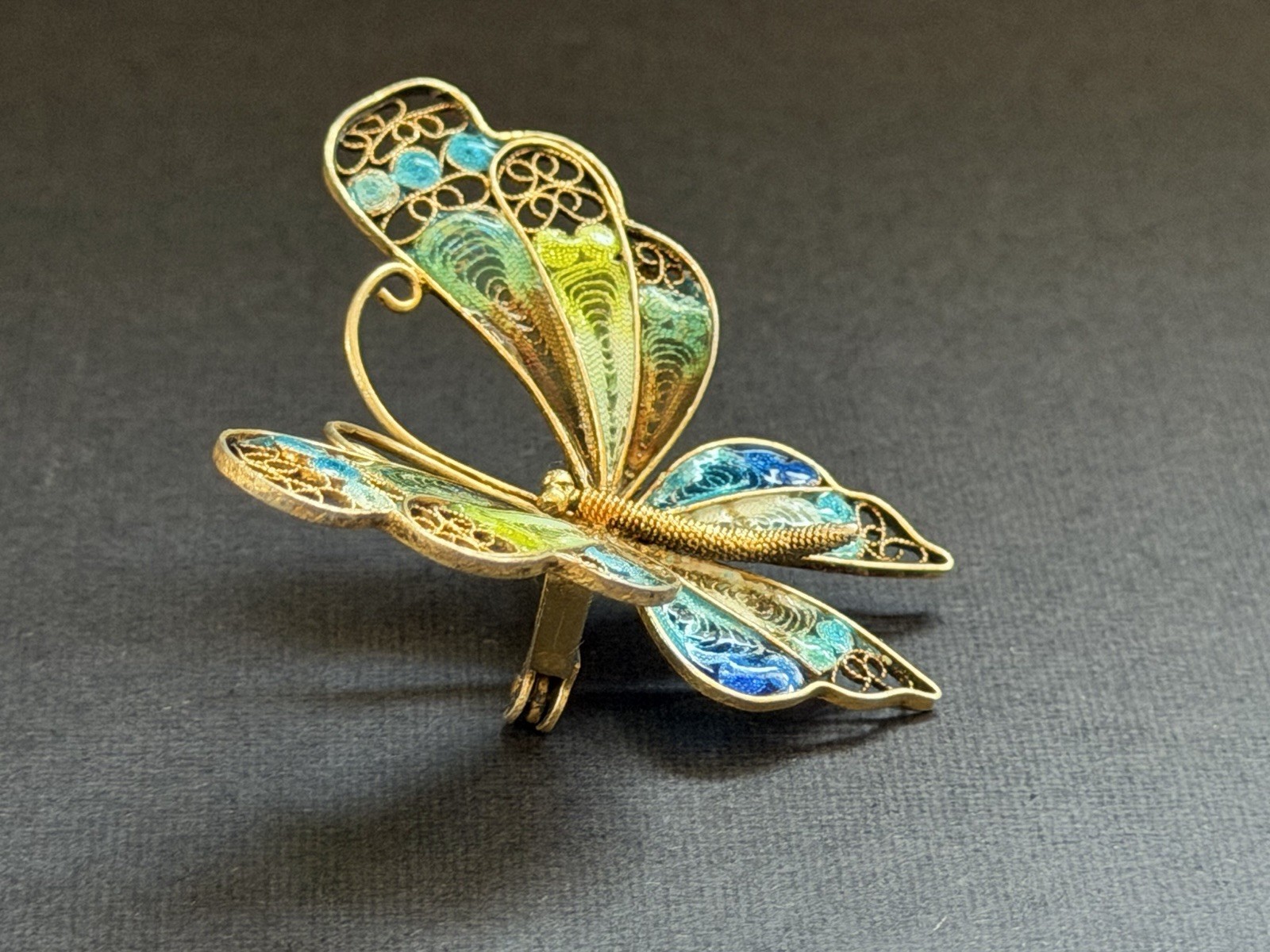 Vintage 800 FIne Silver Gold FInish Multi-Color Enamel Filigree Butterfly Brooch