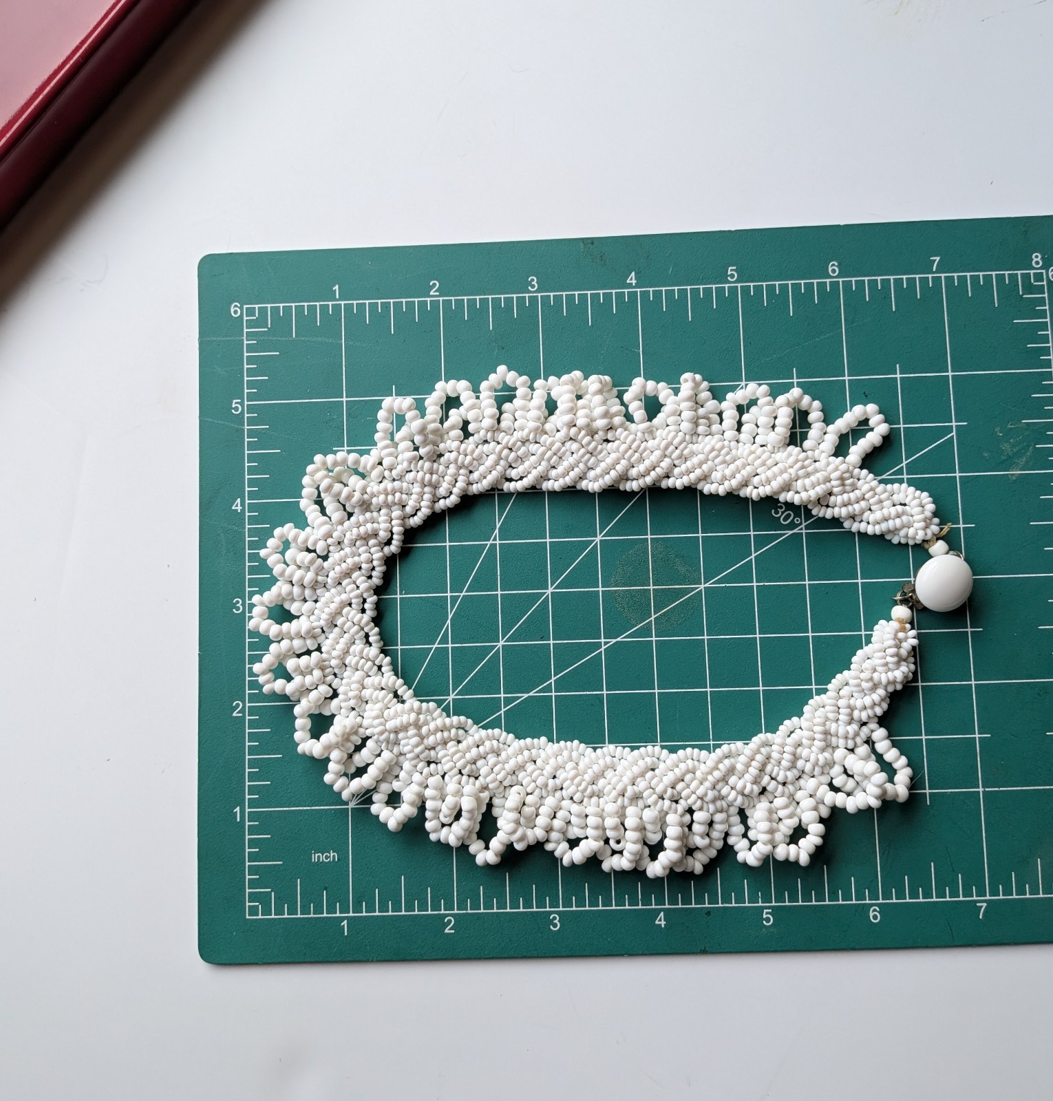 Vtg Japan MCM White Braided Seed Bead Scallop Fringe Collar 15″ Necklace AS IS