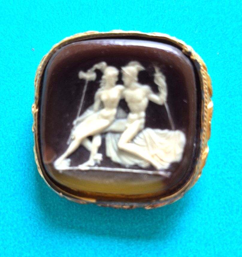 Vintage Dante Brooch Resin Cameo w Hermes & Aphrodite in Gold Tone Metal