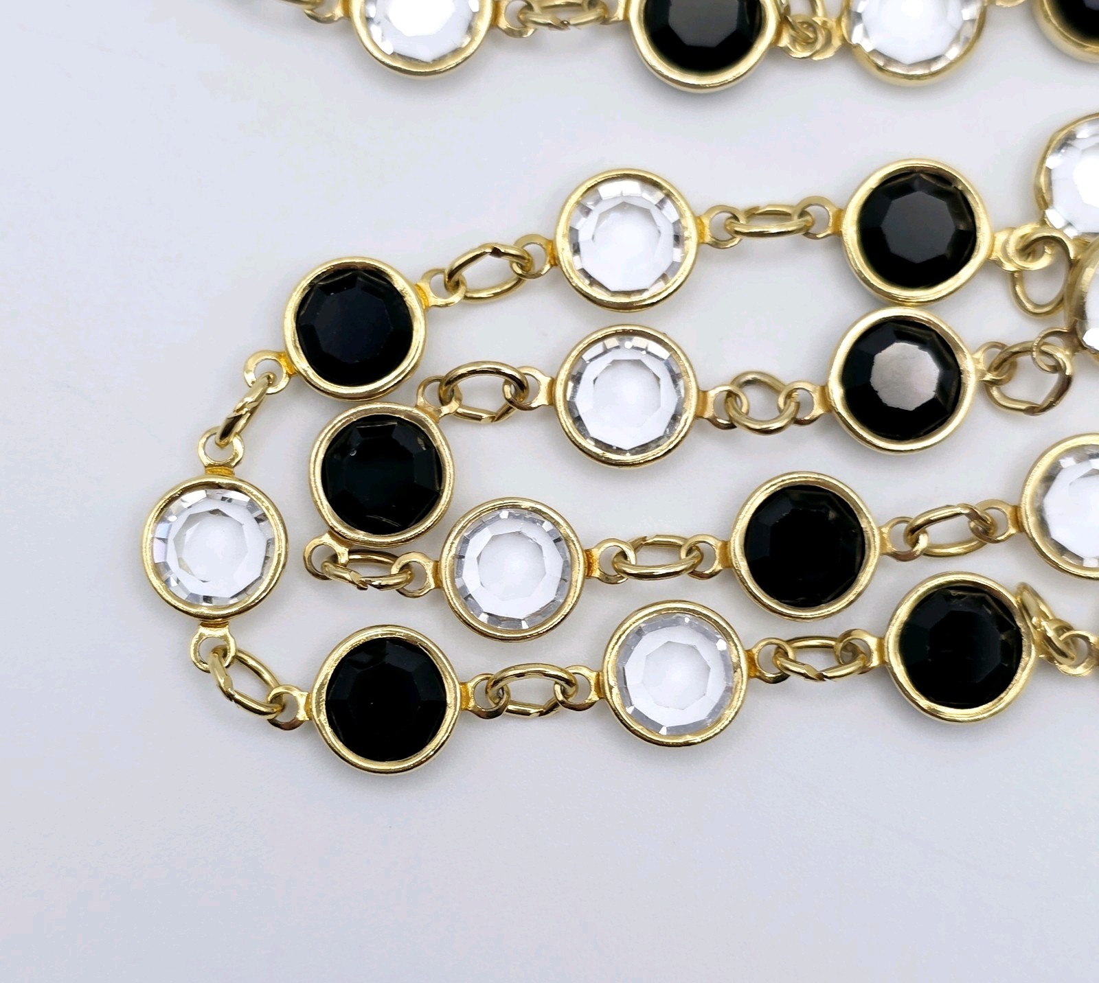 Vtg Austrian Crystal Bezel Station Necklace 30″ Bracelet Gold Tone Black Clear