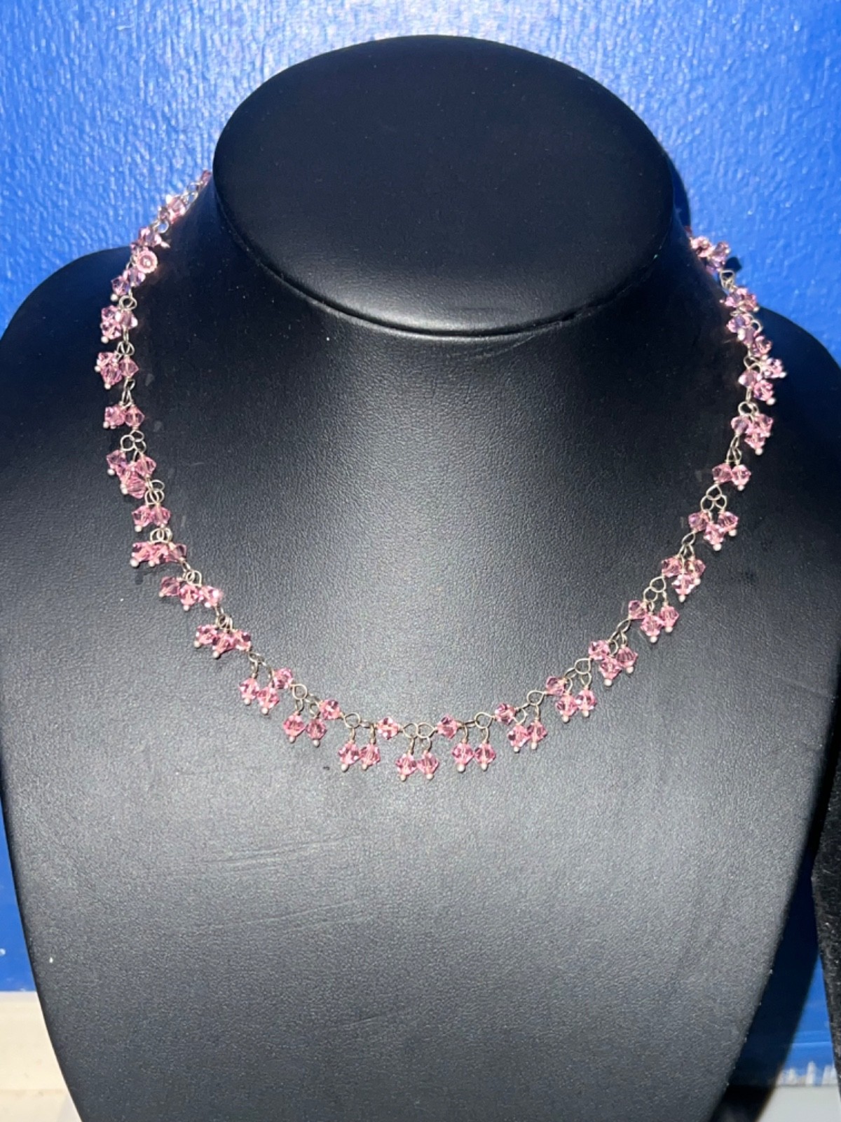 Vtg 925 Sterling Silver Wire w/ Dangling Pink Faceted Bicone Crystals Necklace