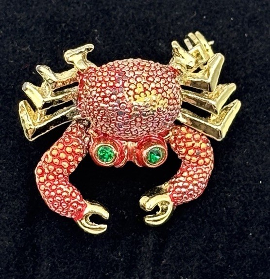 Crab Brooch Enamel w Rhinestone Eyes Articulated Scatter Claws Pin Vintage 1950s