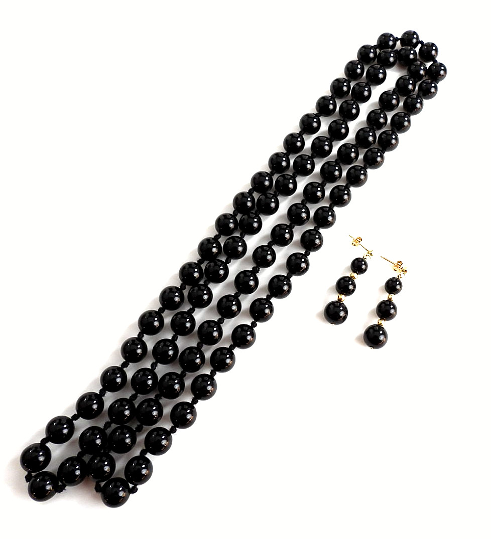 Vintage Set Onyx Necklace No Clasp 14K Y Gold Earrings Beaded Hand Knotted Lot