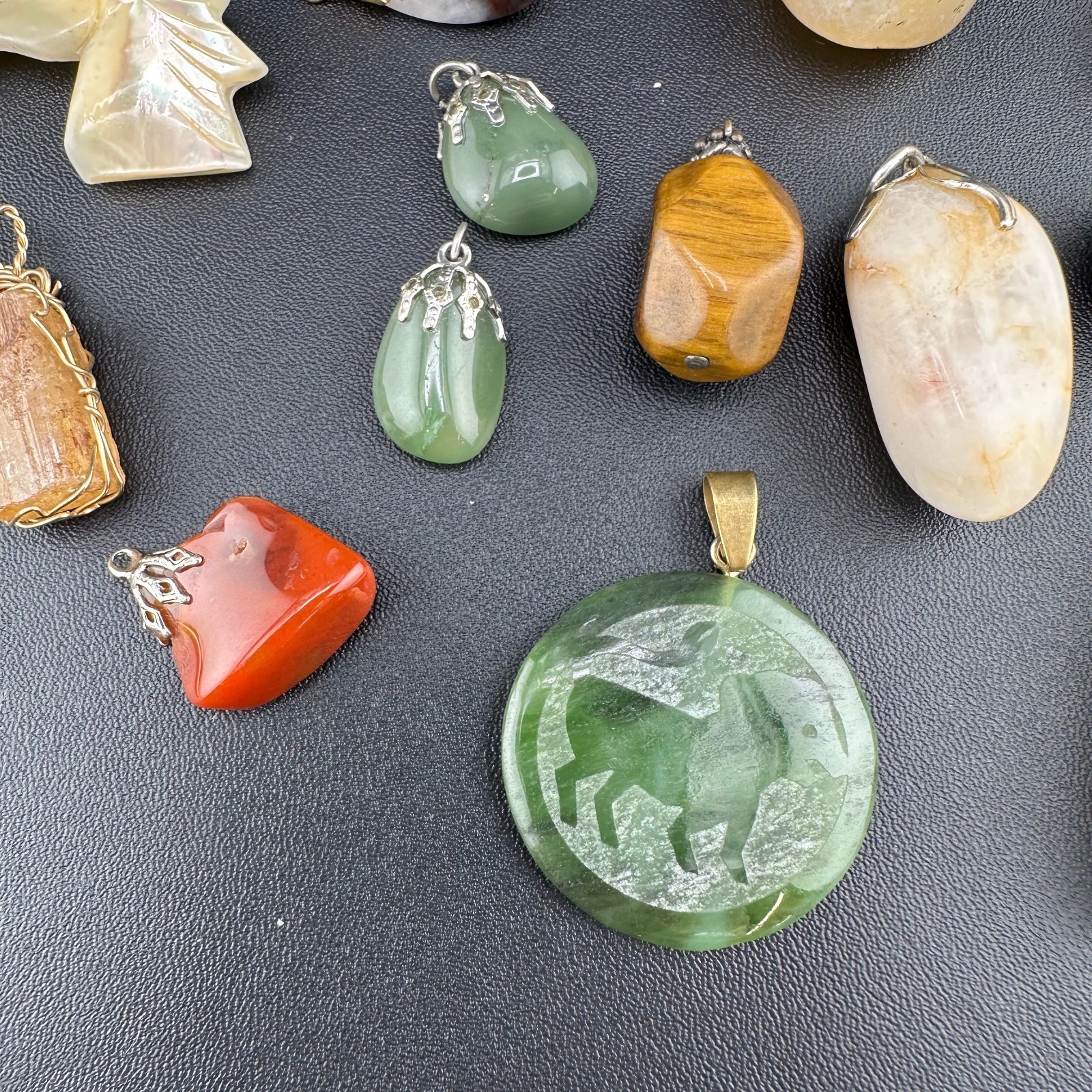 Vintage Gemstone Pendant Charm Lot Jade Quartz Agate Tigers Eye Jasper 25+