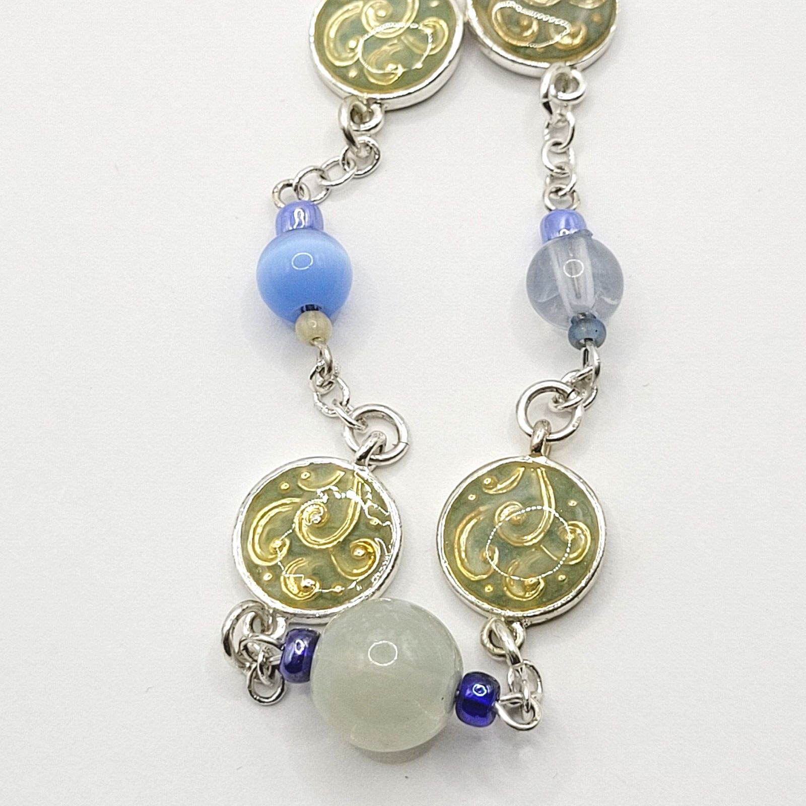 Blue & White Moonstone with Glass & Enamel Silver Tone Chain Necklace KR 24 Inch