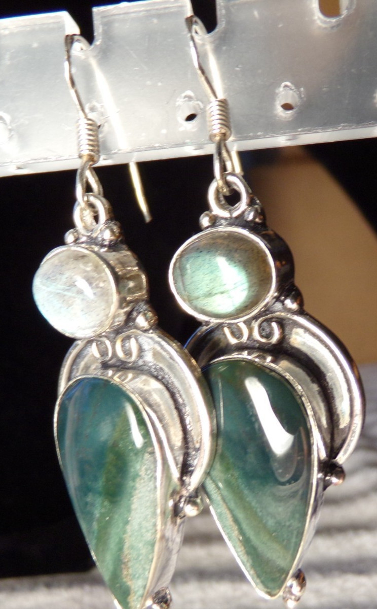 VTG STERLING SILVER LABRADORITE JASPER STONE ETRUSCAN LRG DROP PIERCE EARRINGS