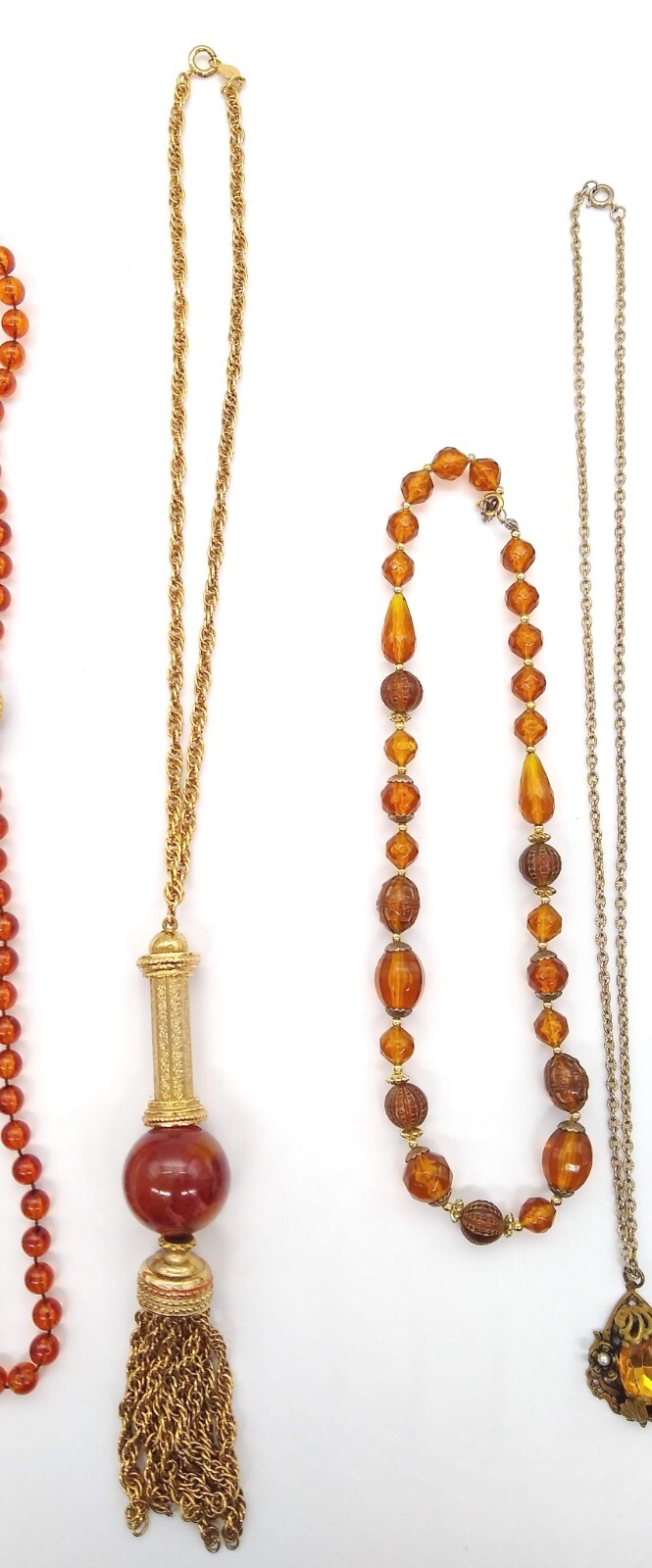 Amber Honey Topaz Color Beads Necklaces Lot of 6 Gold Tone Tassel Filigree Vinta