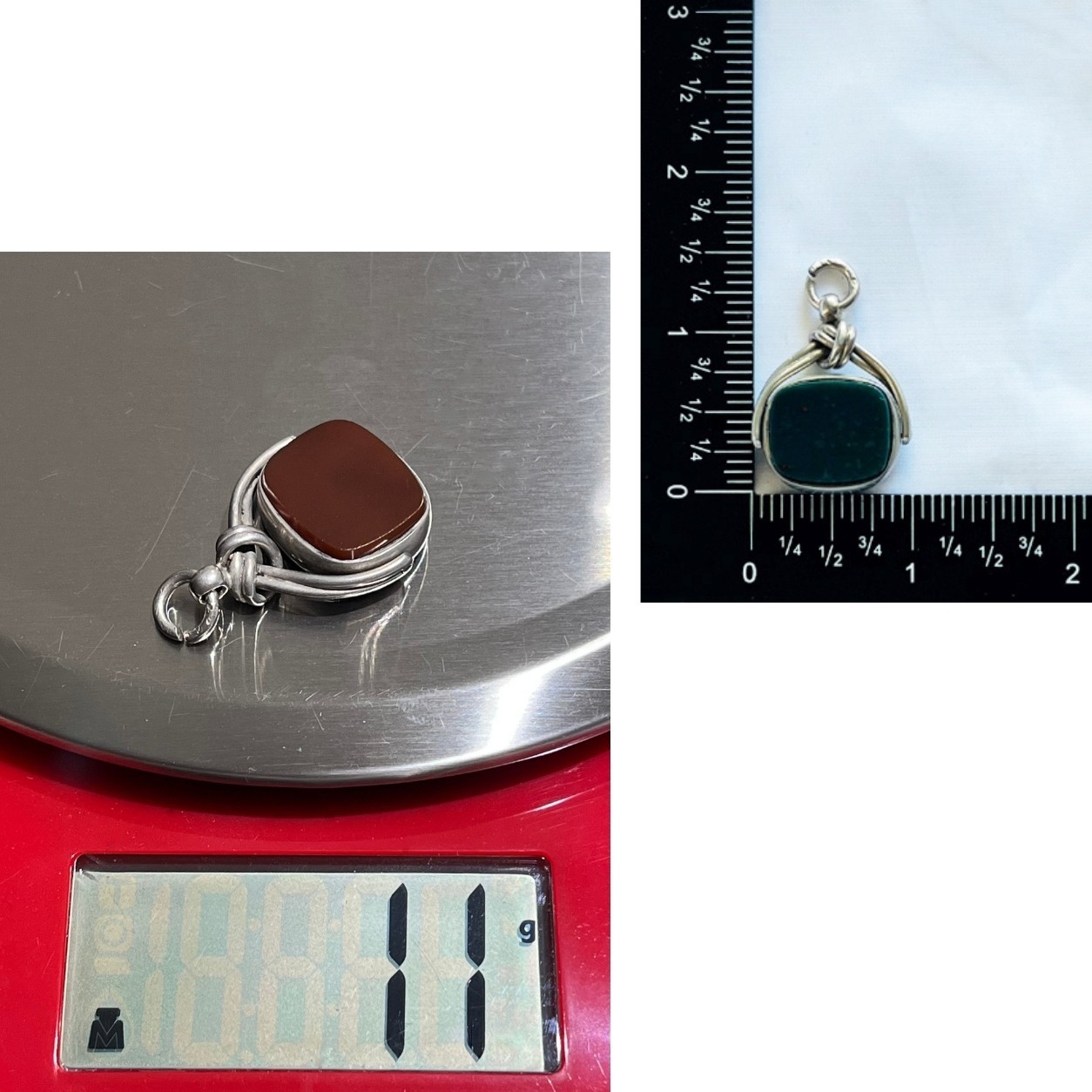 Antique 1899 Victorian Bloodstone + Carnelian Fob Pendant *Birmingham Silver*