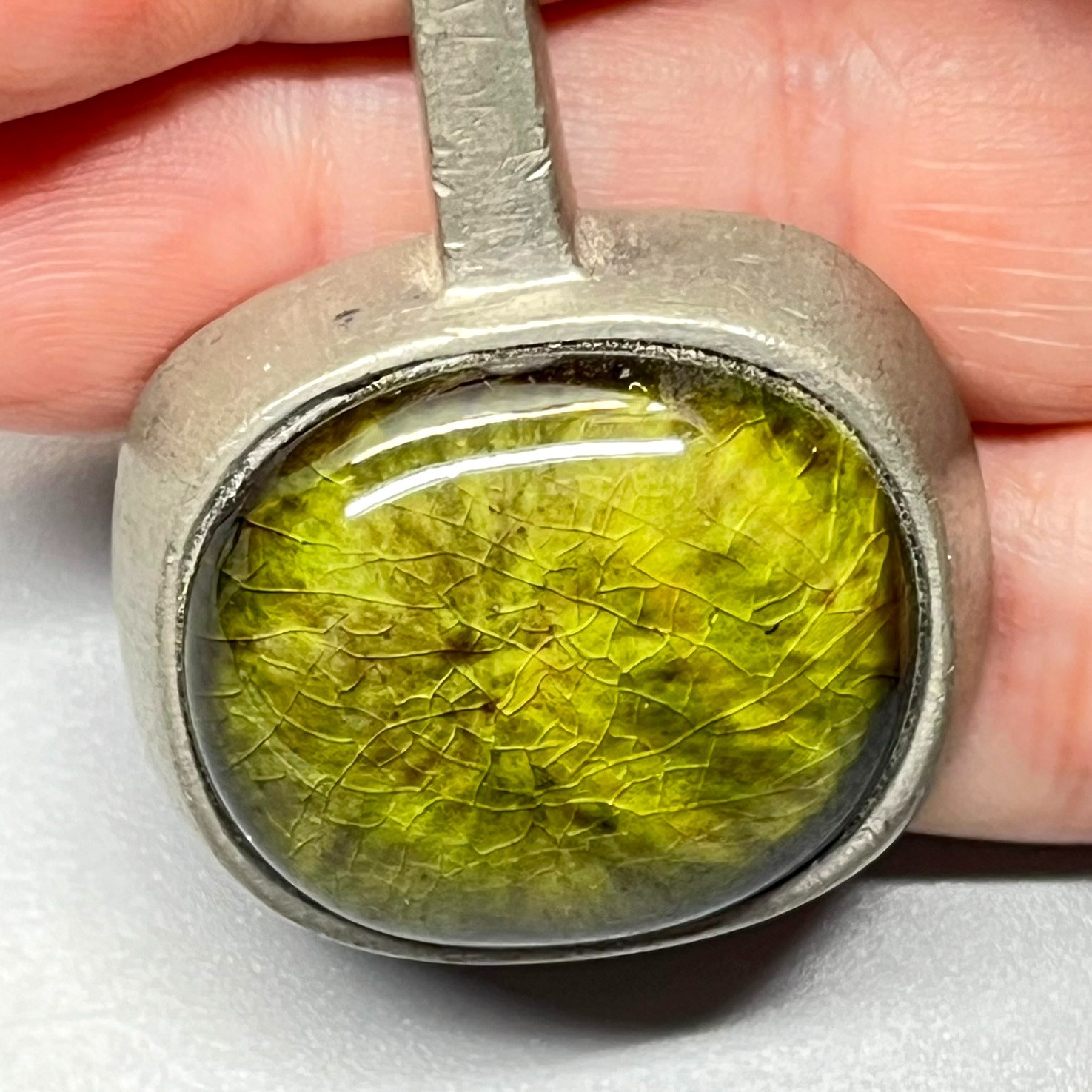 Signed Roland Landerholm Tenn Vintage Modernist MCM Pewter Green Ceramic Pendant
