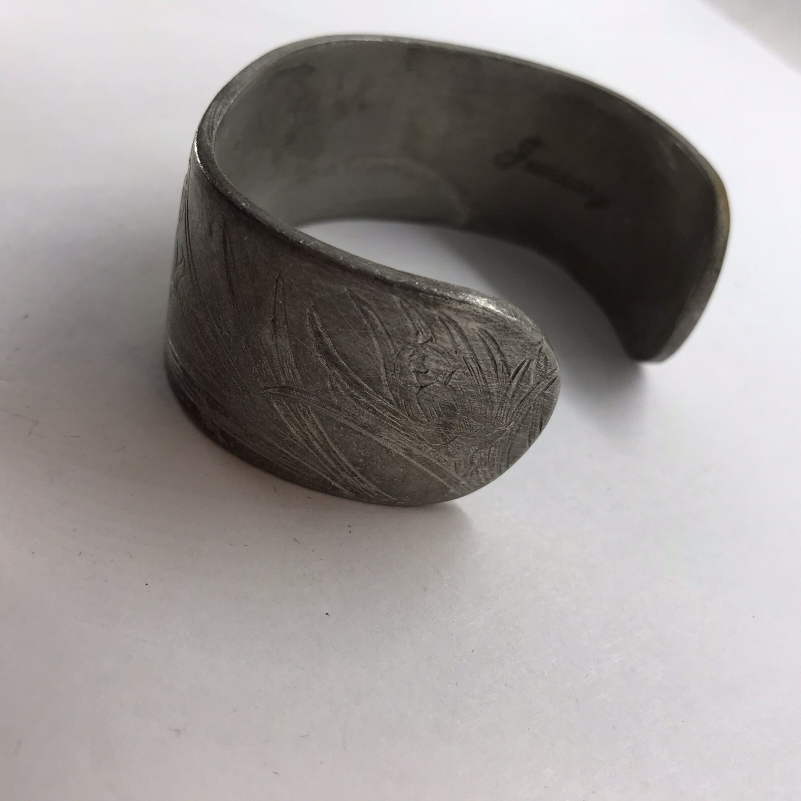 Vintage Cuff Bracelet Salisbury Pewter January Flower Birth Month Etched Metal