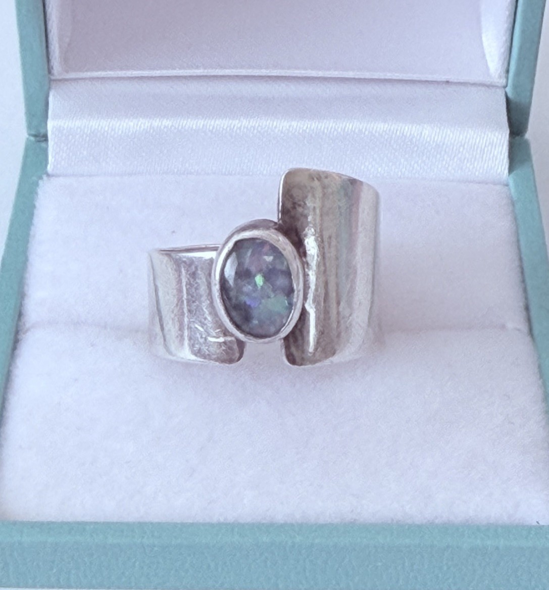 Artisan Hand Made Modernist Sterling 925 Black Opal Band Ring Sz 5.5