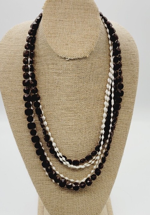 White & Brown plastic beaded Long Necklace 50 in Vintage ART DECO