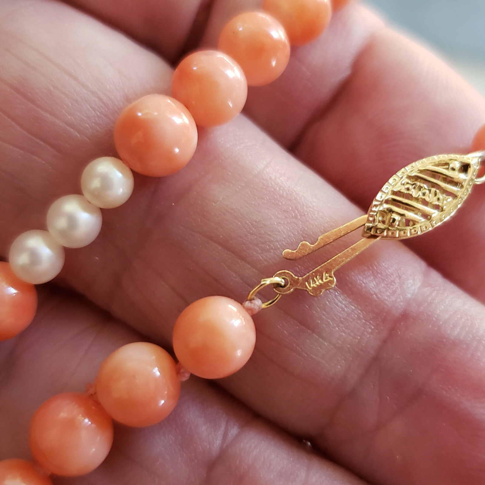 Pink Angel Skin Coral Necklace 14k Yellow Gold Clasp & Pearls 16.5in [6770]