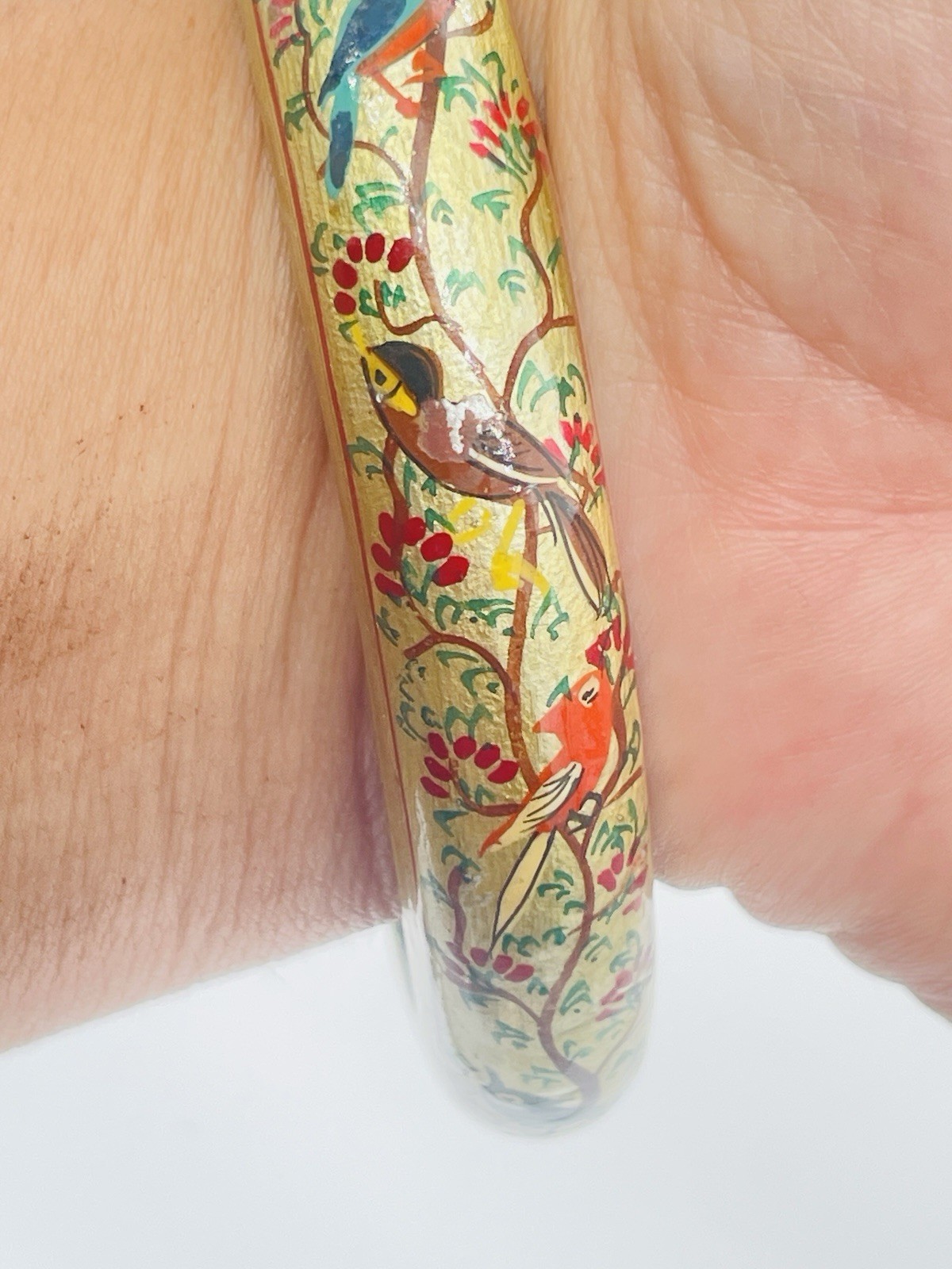 Vintage Tropical Parrot Bird Bangle Bracelet Hand Painted Gold Statement