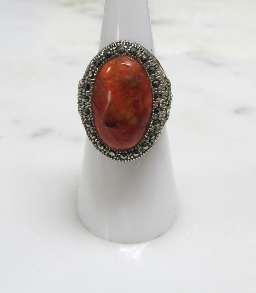 Sponge Coral Sterling Silver Ring w/ Marcasites ~ Size 6.5 ~ 9.8g ~ 12-A682