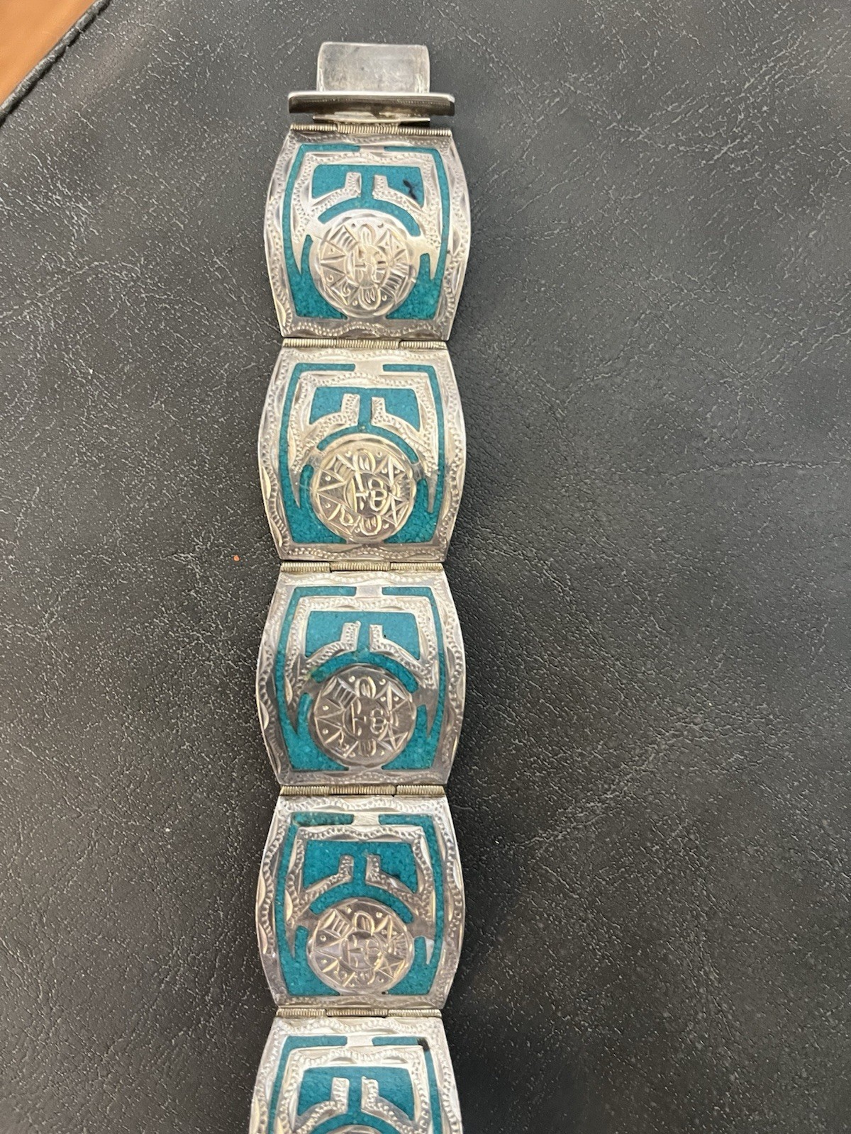 Bell Solid Copper Sterling 925 Joy Mex Turquoise Inlay Aztec Cuff Bracelet Vtg