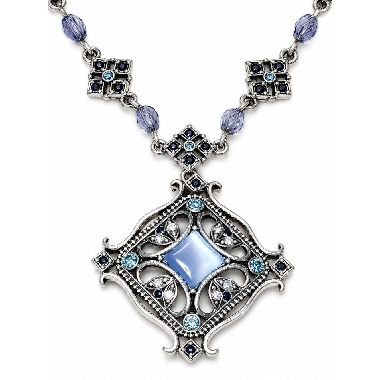 Vintage Avon Nina Ricci Necklace Silver Tone Blue Cabochon Rhinestone Pendant 16