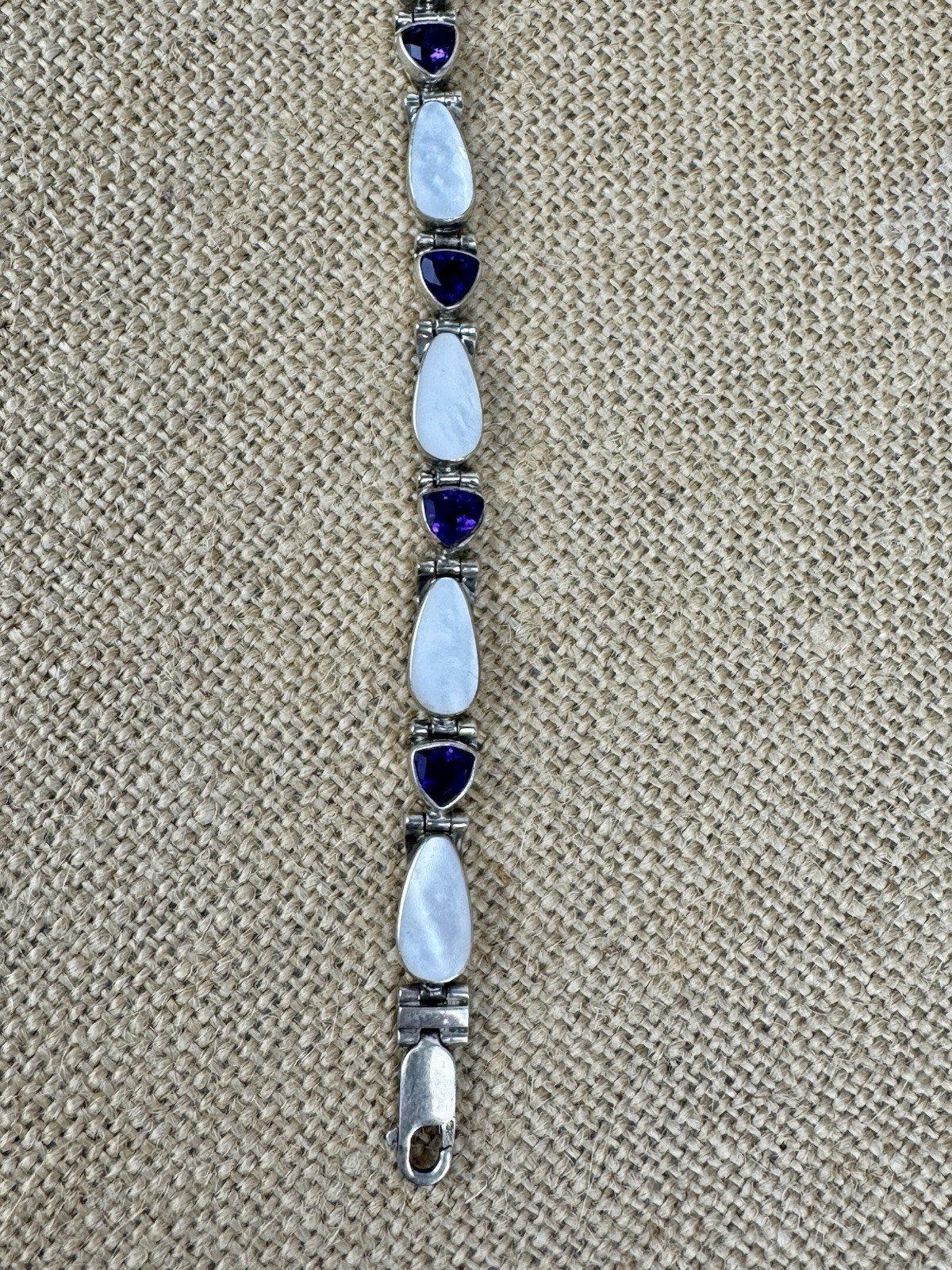 Vintage Acleoni Silver 925 Trillion Amethyst & Luminous Mother Of Pearl Bracelet
