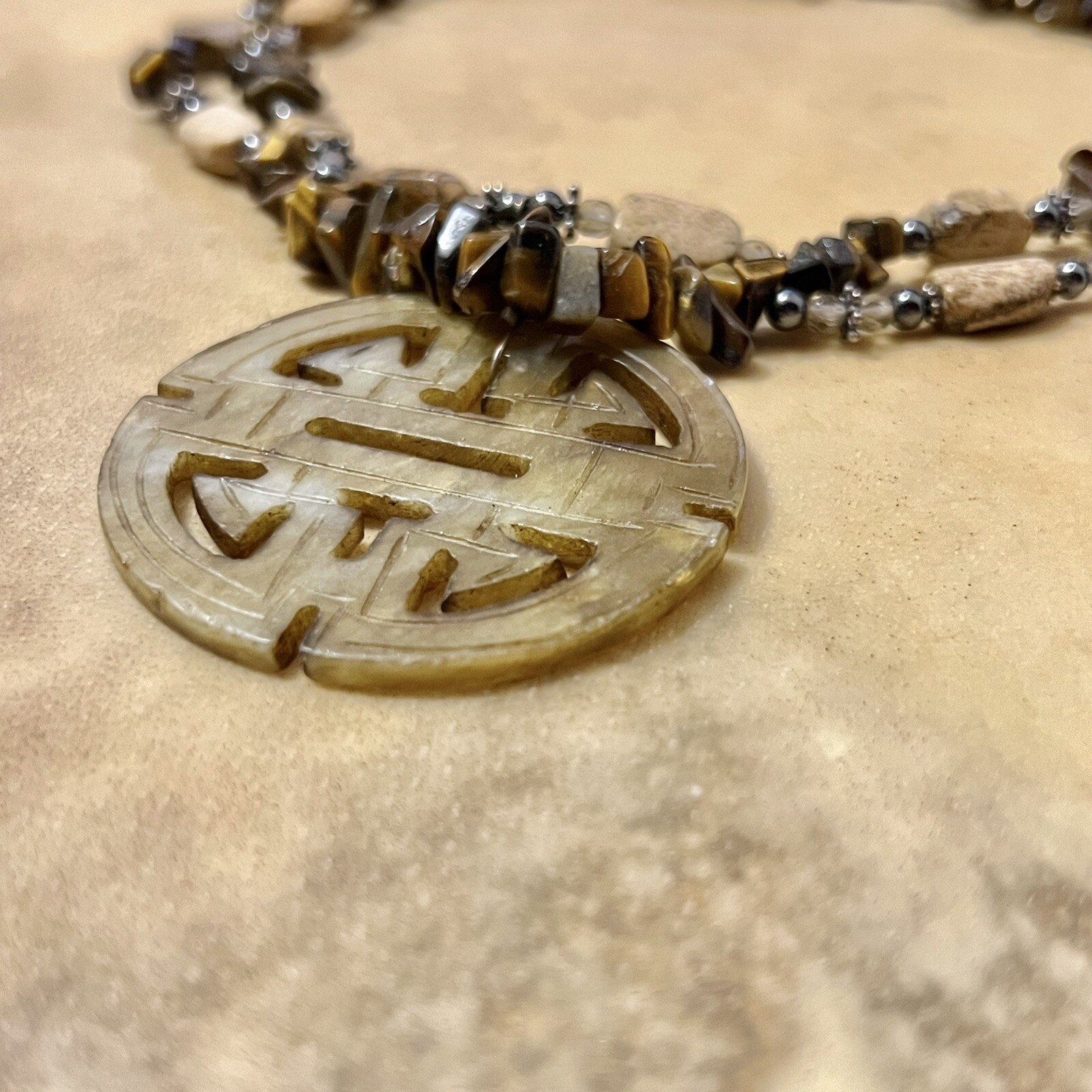Vintage Asian Jade Carved Stone Pendant, Tigers Eye Beads, Sterling Silver Clasp