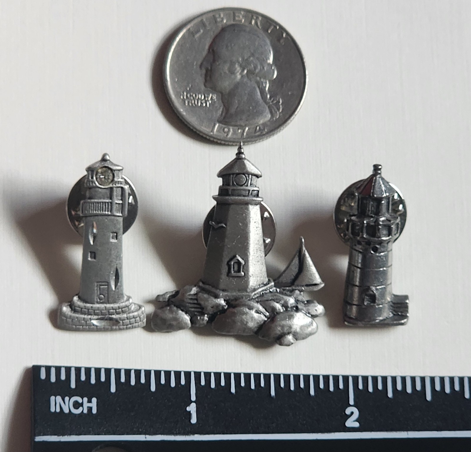 Lot Of 3 Vtg Pewter LIGHTHOUSE PINS RHINESTONE 80s 90s Jonette Jewelry Jim Clift