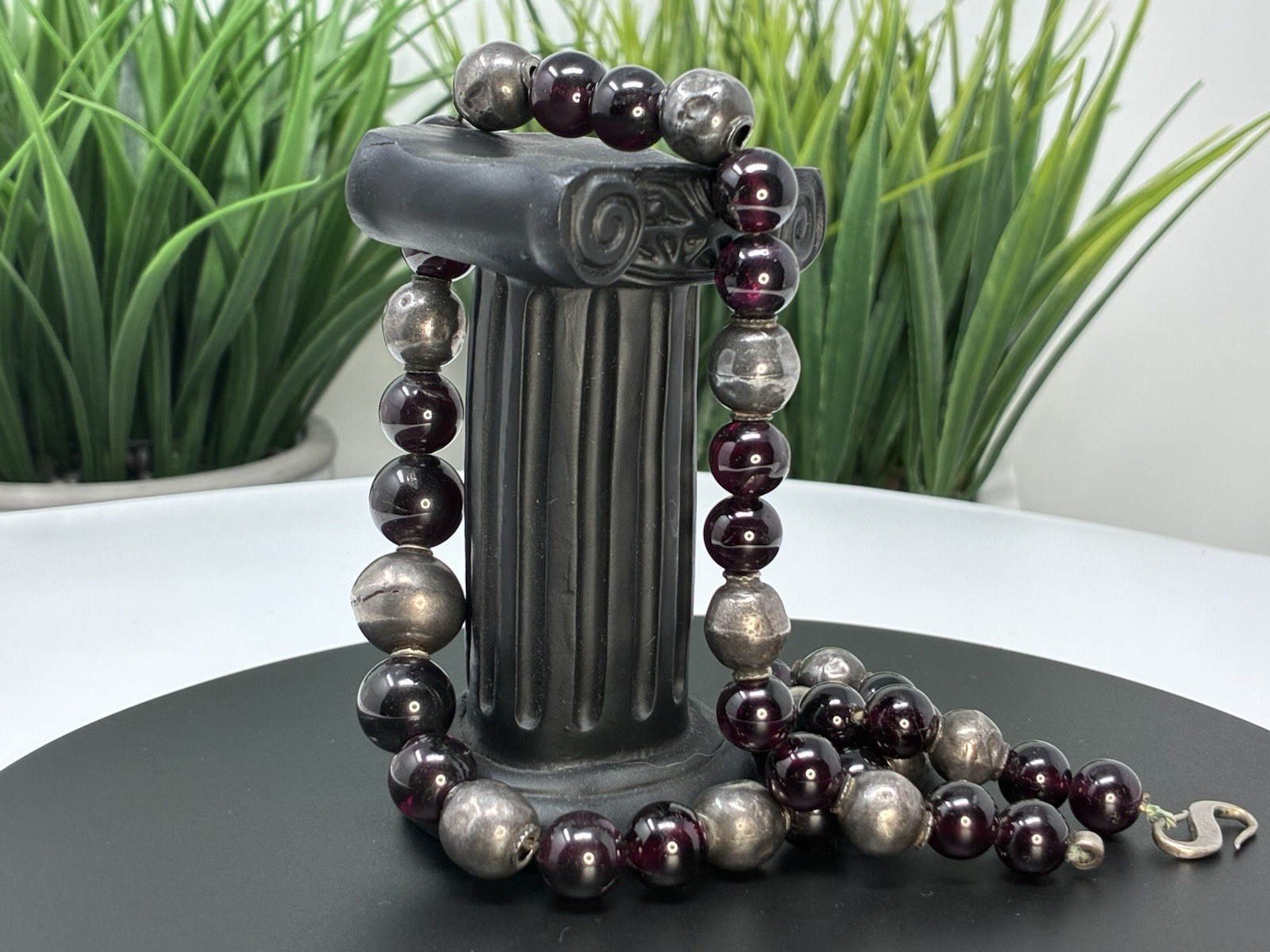 Vintage Beaded Necklace Deep Wine Glass And Artisan Silver Beads And Hook Clasp