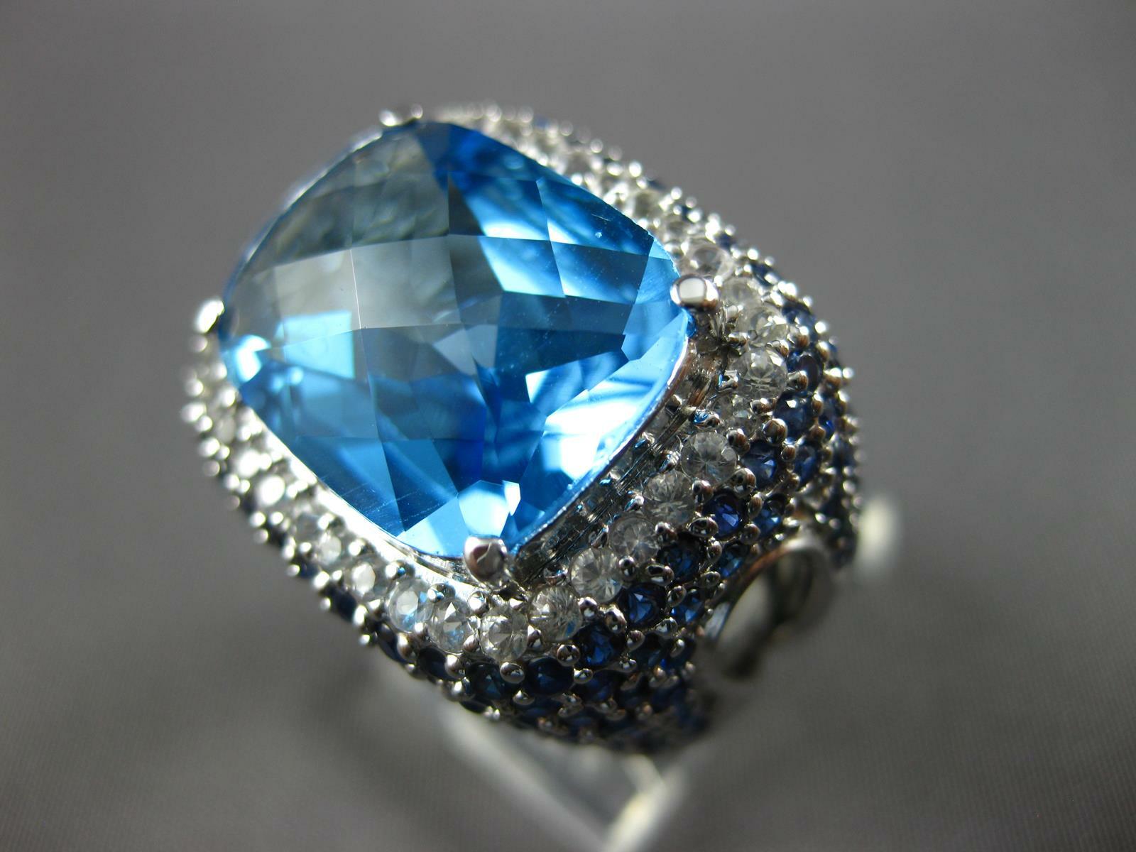 ESTATE EXTRA LARGE 14.51CT DIAMOND AAA SAPPHIRE & BLUE TOPAZ 14K WHITE GOLD RING