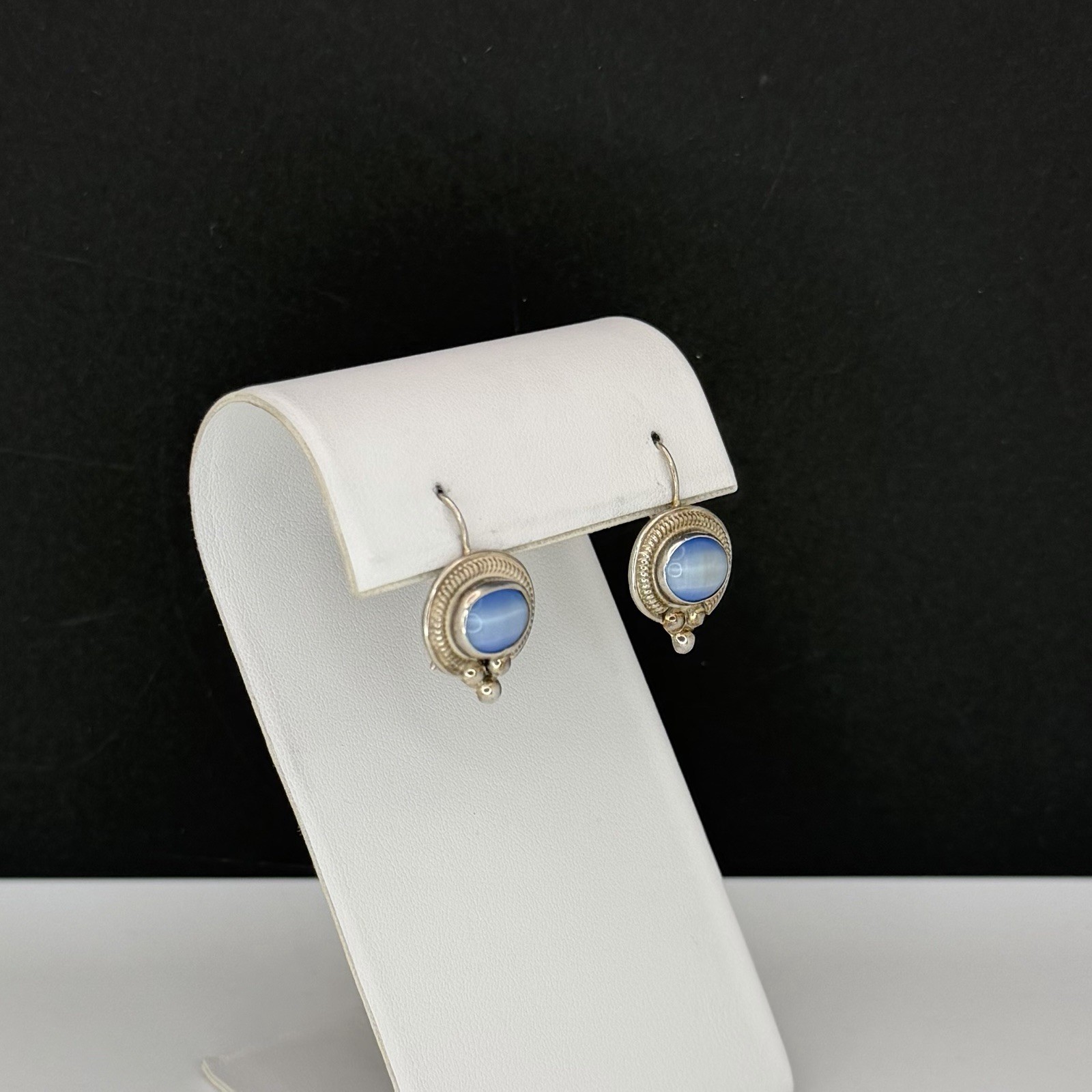 ATI Mexico 925 Sterling Silver Blue Cats Eye Drop Earrings Fish Hook Vintage