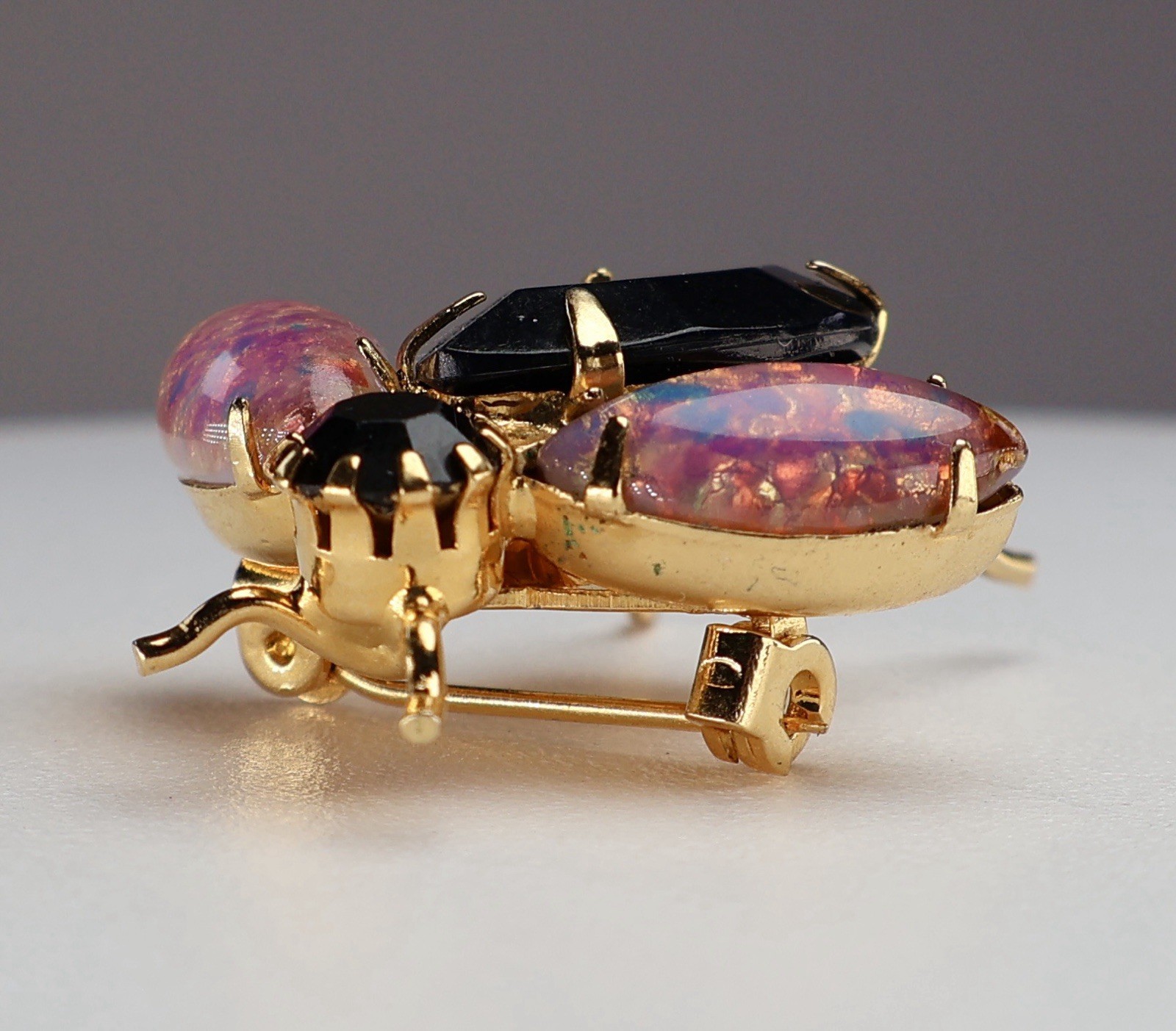 Vintage Bug Brooch Insect Glass Fire Opal Navettes Black Rhinestones Gold Tone