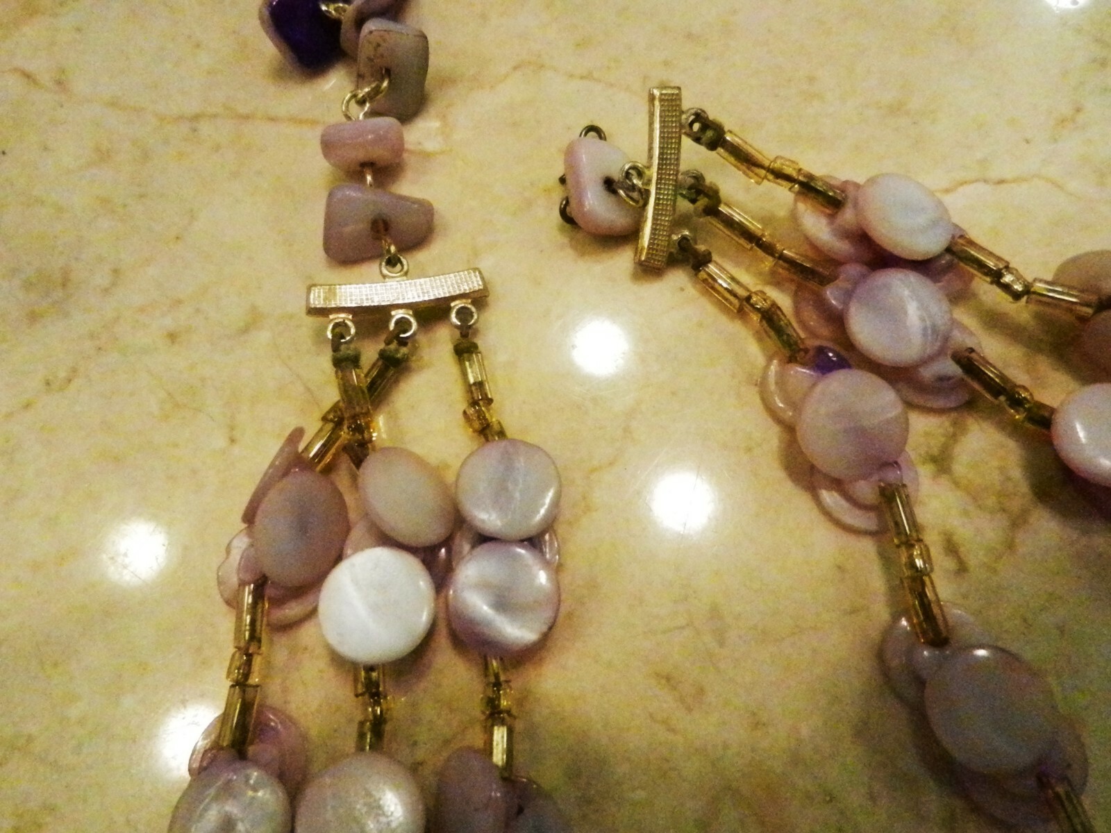 Japan Lucite 3-Strand Lozenge MOP Purple Buttons Choker Necklace 16″-18″-Vintage