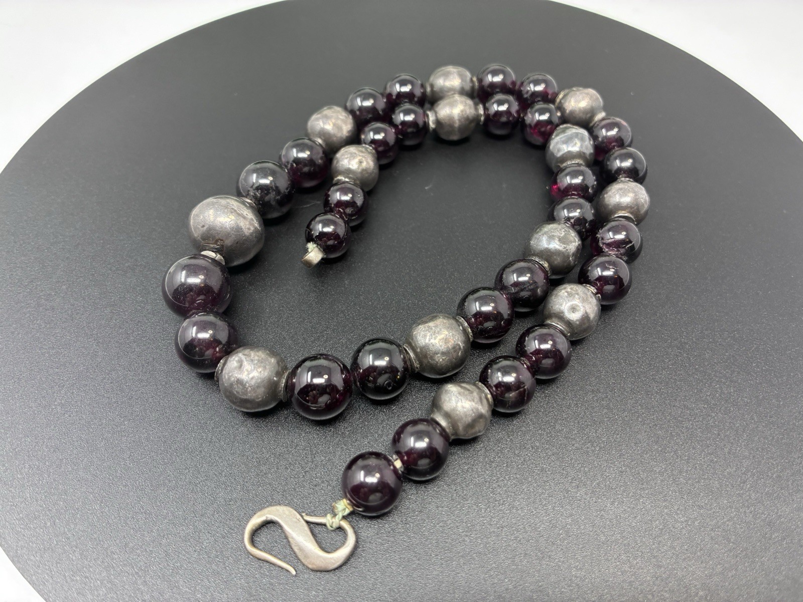 Vintage Beaded Necklace Deep Wine Glass And Artisan Silver Beads And Hook Clasp