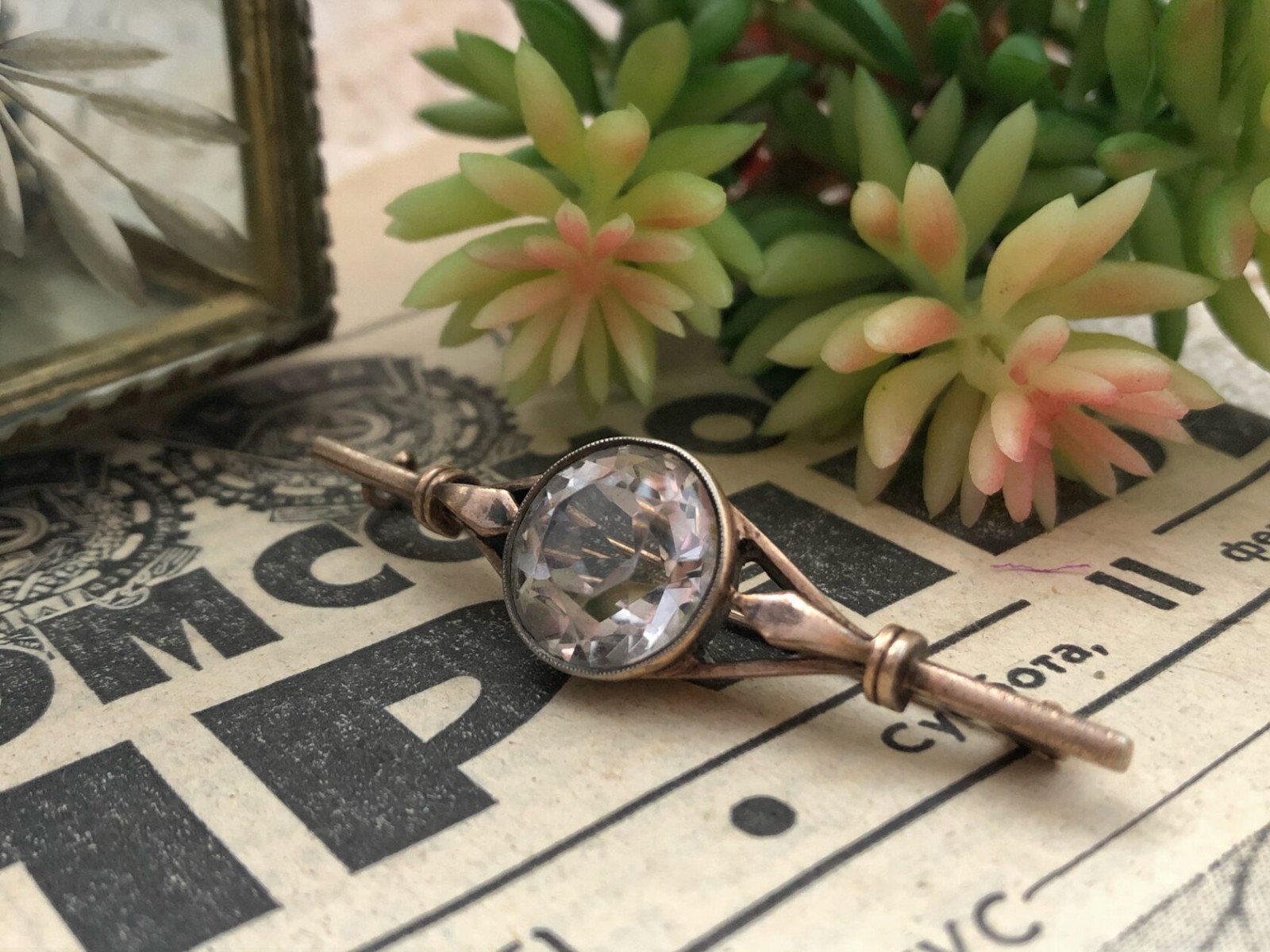 Estate Jewelry Soviet Vintage Brooch Gilt Sterling Silver 875 Rock Crystal USSR