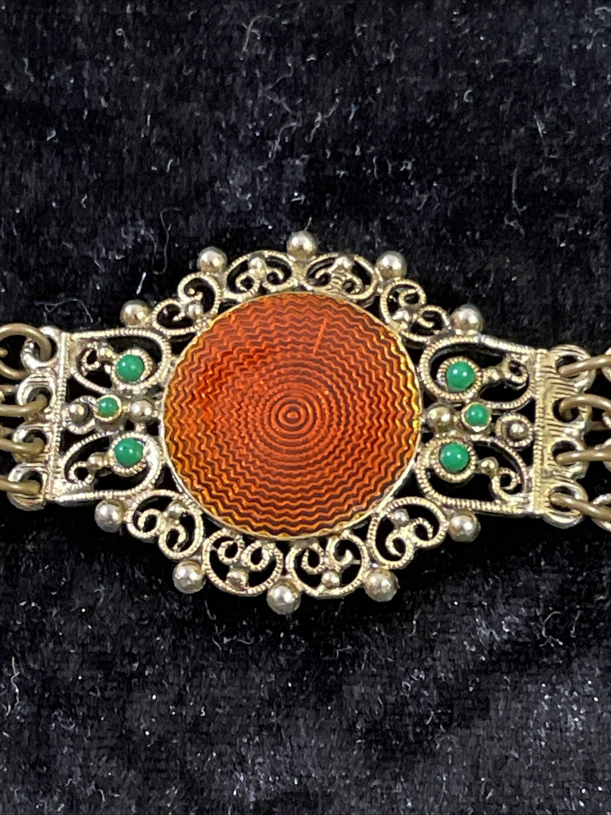 Vintage Orange Enamel & Gold Celtic Knot Chain Bracelet with Small Green Stones