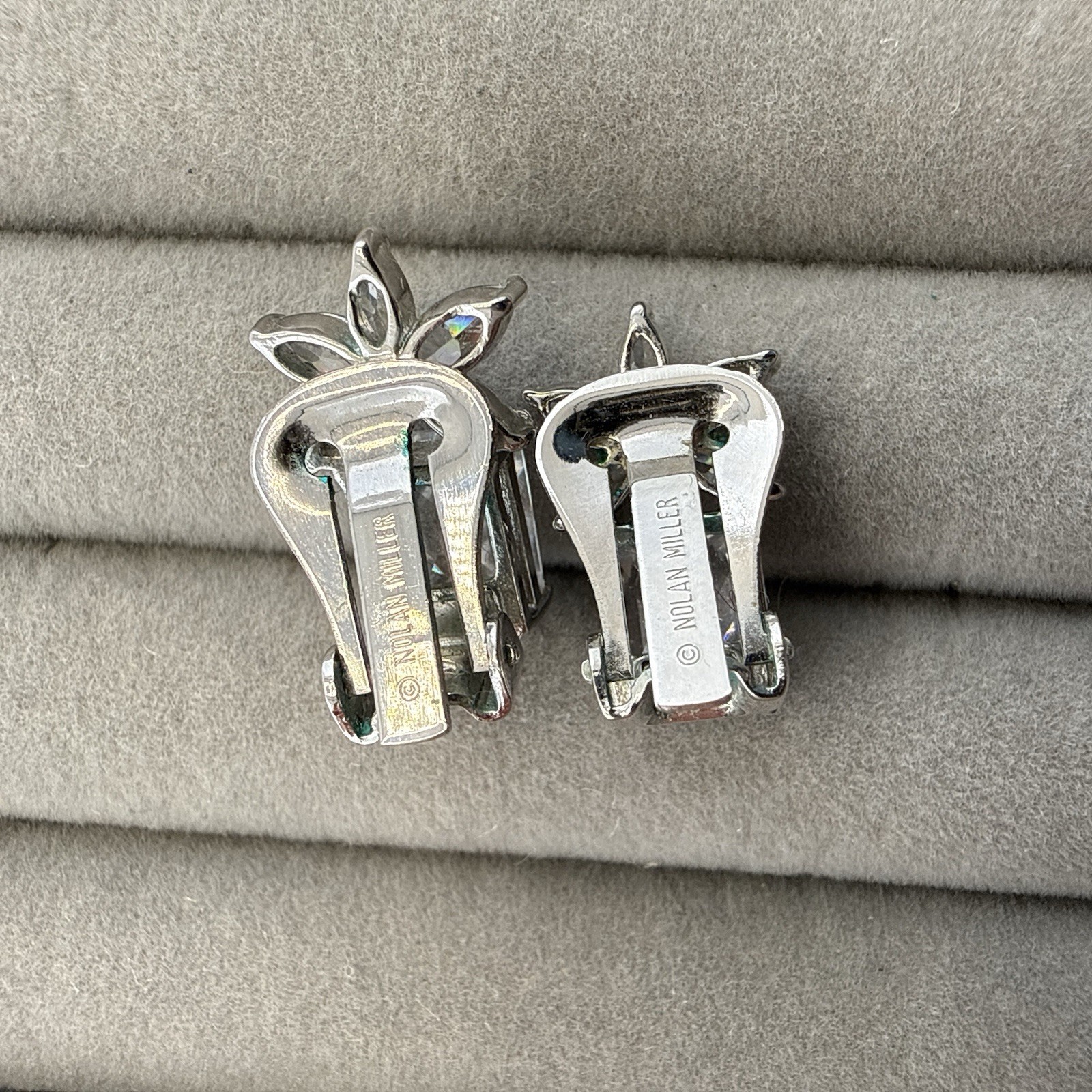 Nolan Miller Earrings Rhinestone Silver Emerald Cut Crystal CLIP ON Cocktail