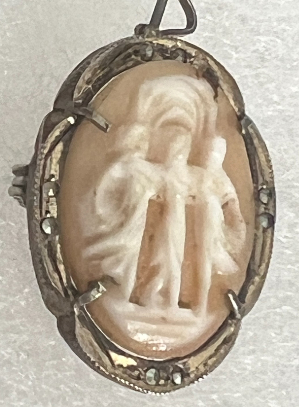 Antique 800 Silver Shell Cameo Three Graces Marcasite Brooch Pendant c1930