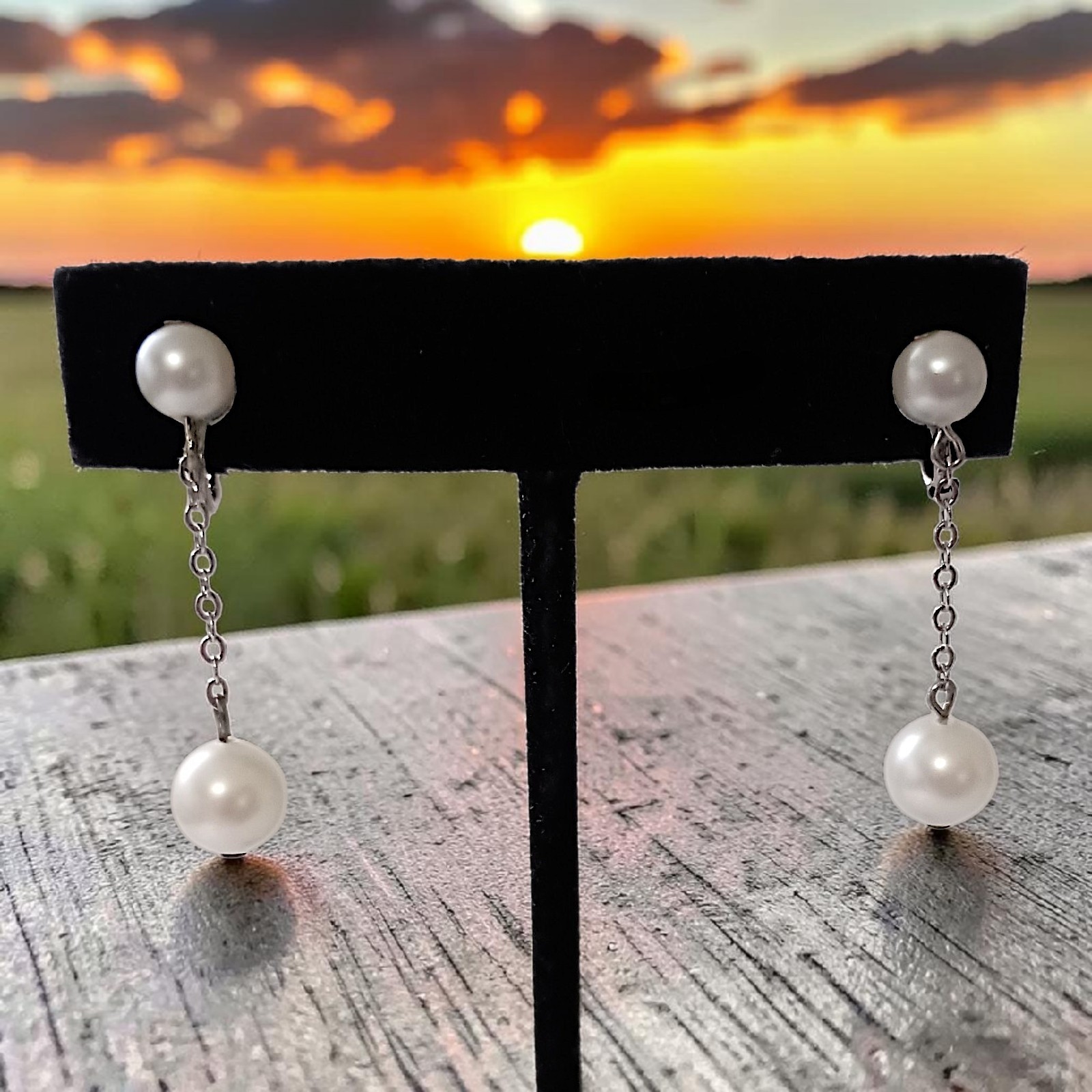 Vintage Faux Pearl Chain Dangle Earrings Dainty Delicate Silver Tone Elegant