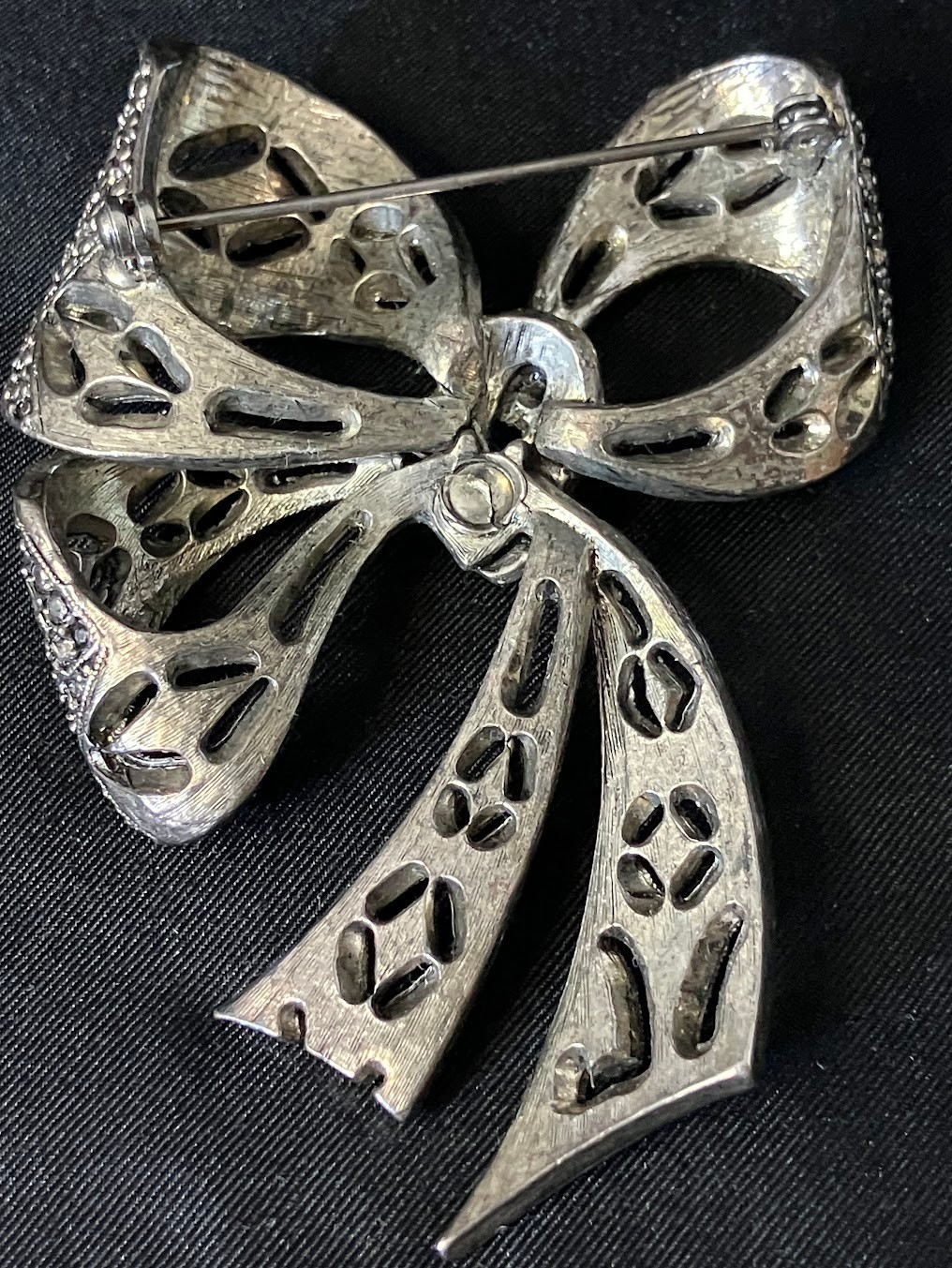 Vintage Metal Bow Brooch Faux Marcasite Style Knotted Ribbon Pin 3″