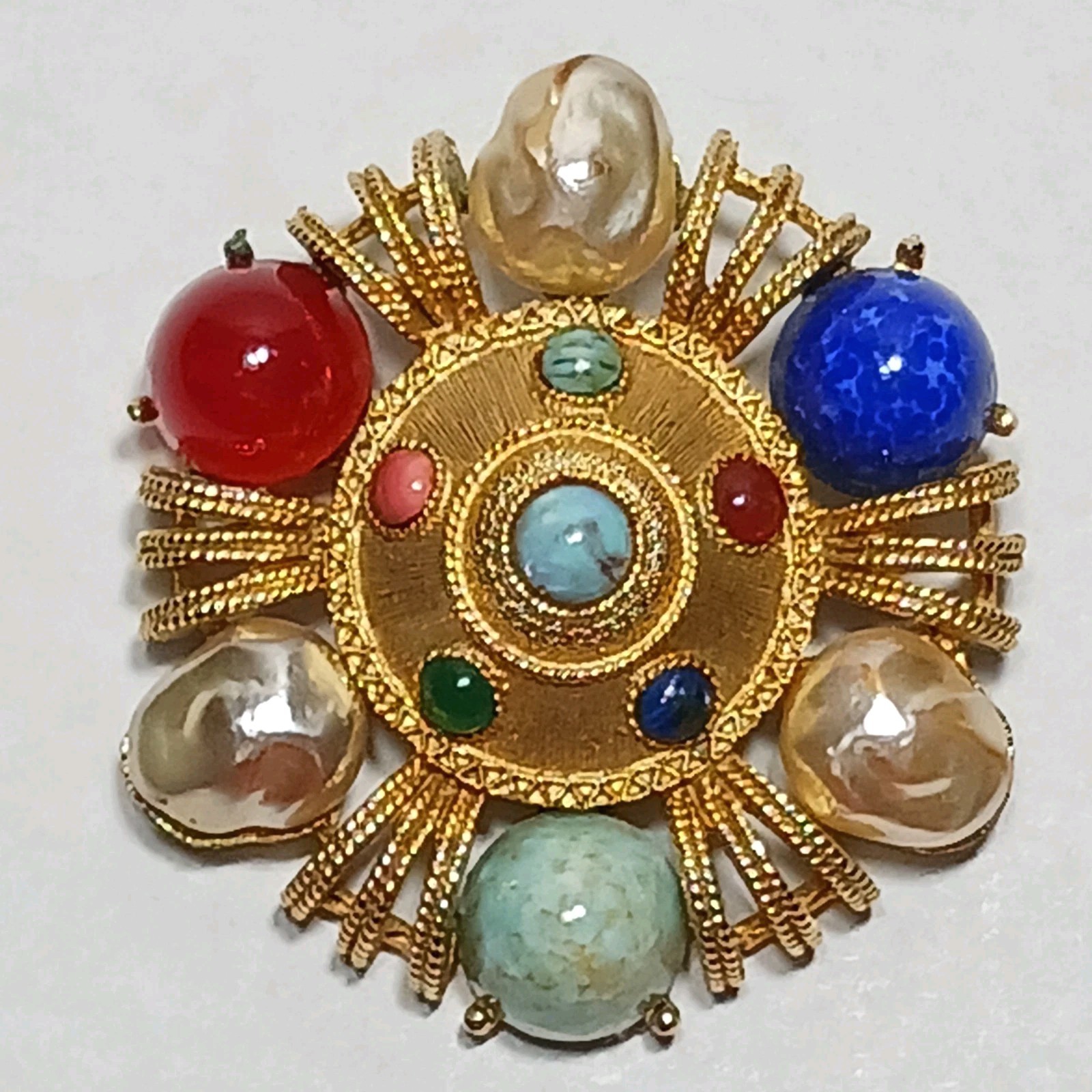 Brooch Ruby Sapphire Turquoise Cobochons Baroque Faux Pearls GT Vintage Signed
