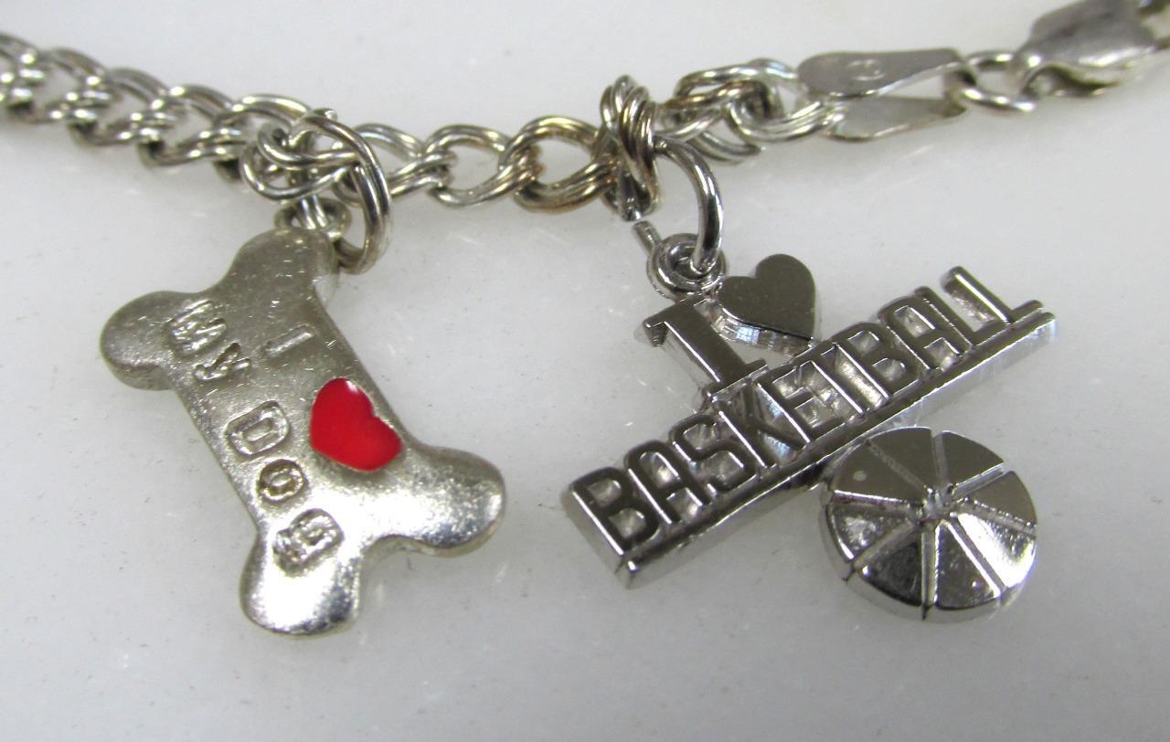 Sterling Silver Double Curb Link Bracelet w/ 8 Charms ~ 6-3/4″ ~ 19g ~ 6-K463