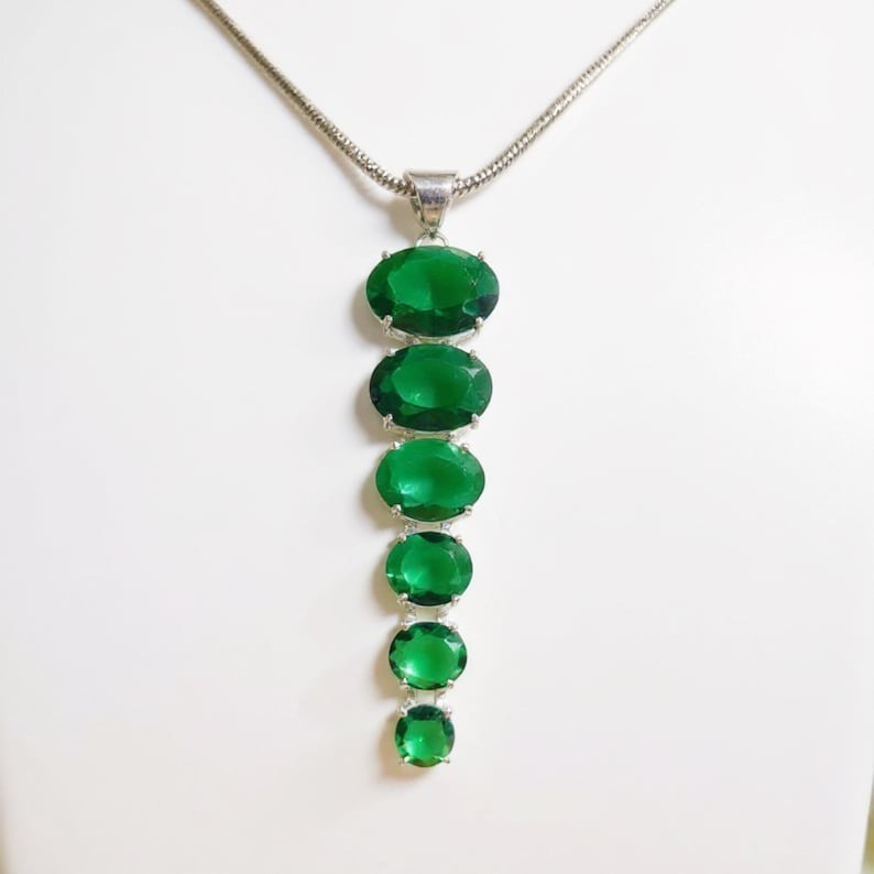 Emerald Sterling Silver Pendant Necklace: Colombian Oval Gemstone, May Birthston