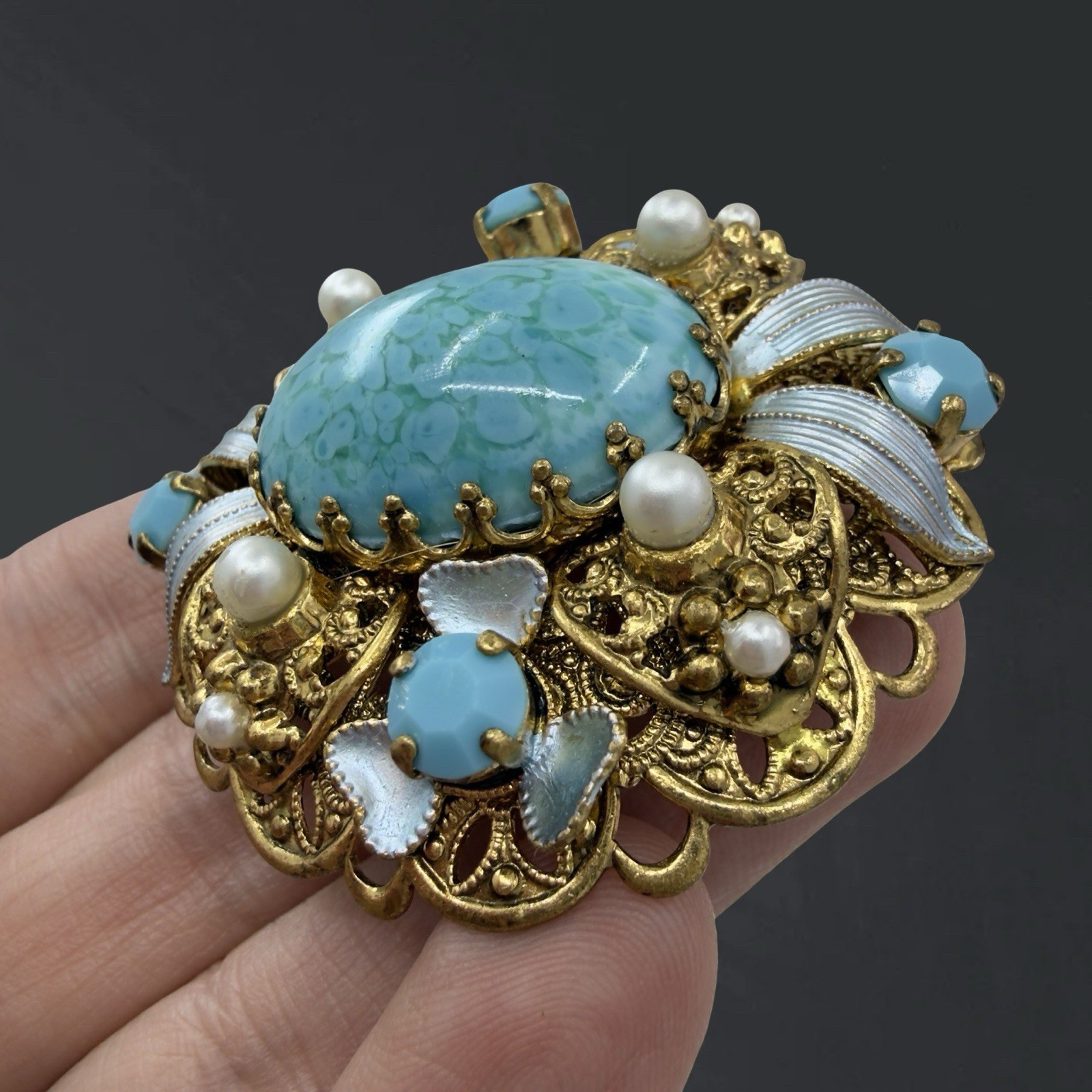 Vintage SIGNED 🖤 Western W Germany 🖤 Gold FILIGREE Turquoise Enamel BROOCH PIN